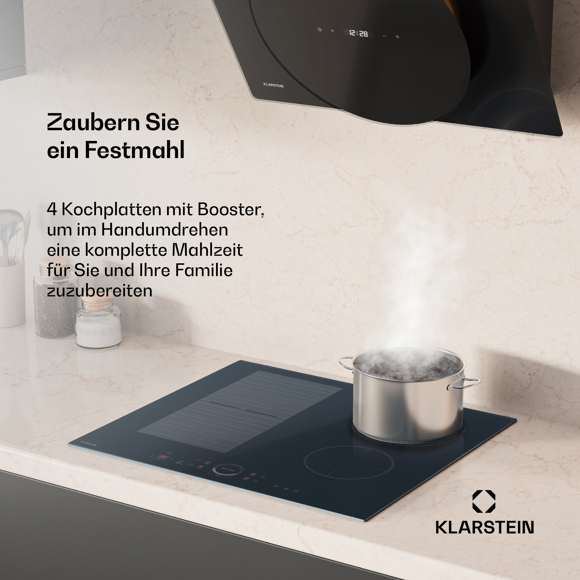 Schwarzes Kochfeld mit 4 Kochfeldern. Ein Topf steht auf dem Kochfeld, aus dem Dampf aufsteigt. Text über das Kochen steht links.