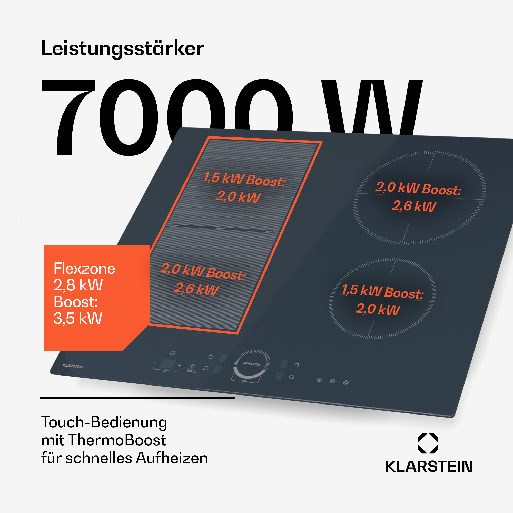 Schwarzes Induktionskochfeld mit orangefarbenem Text, der Leistungsstufen und Funktionen angibt.
