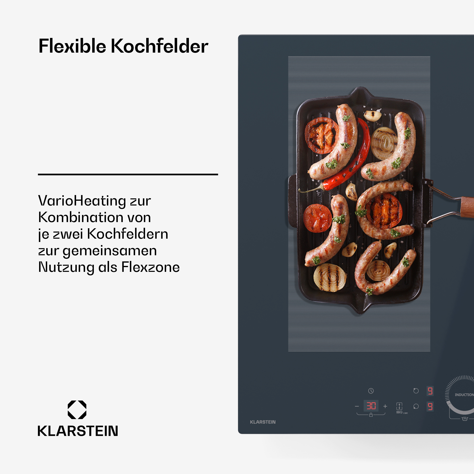 Ein schwarzes Induktionskochfeld mit Würstchen und Gemüse darauf. Das Klarstein-Logo befindet sich unten.
