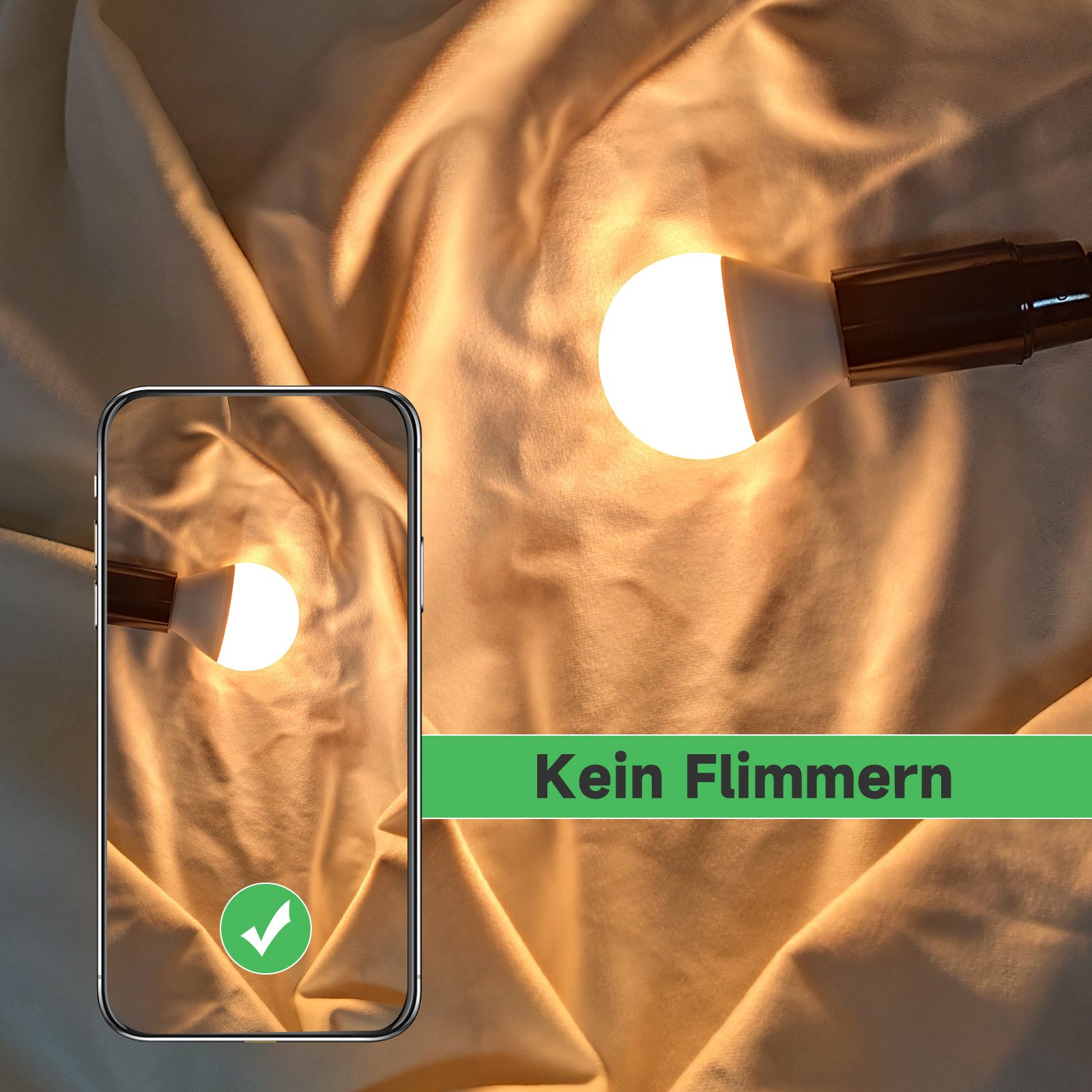 Żarówka obok telefonu pokazującego podobną żarówkę. Tekst brzmi 'Brak migotania'.