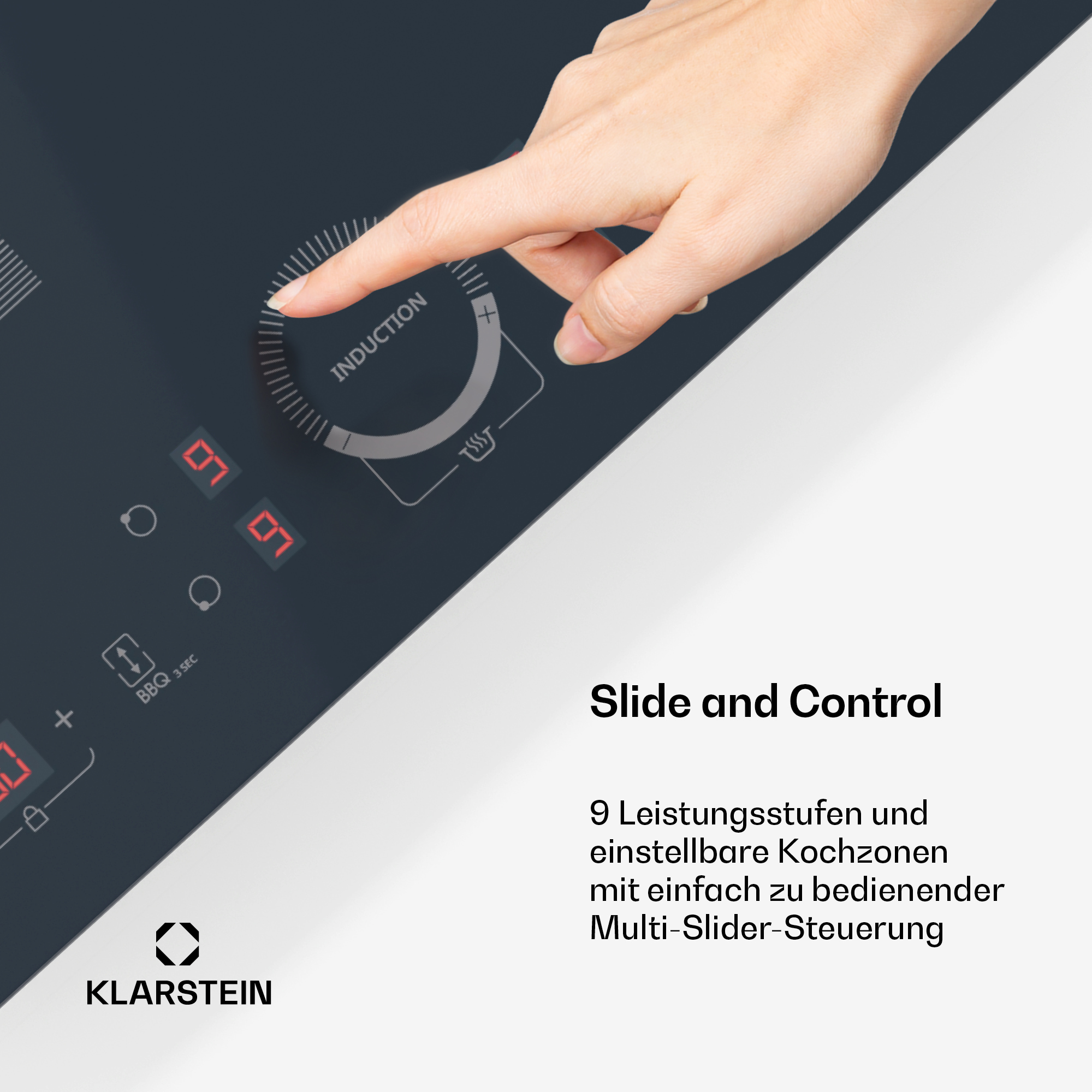 Eine Hand bedient ein Induktionskochfeld. Das Kochfeld hat eine Digitalanzeige und einen Drehregler.