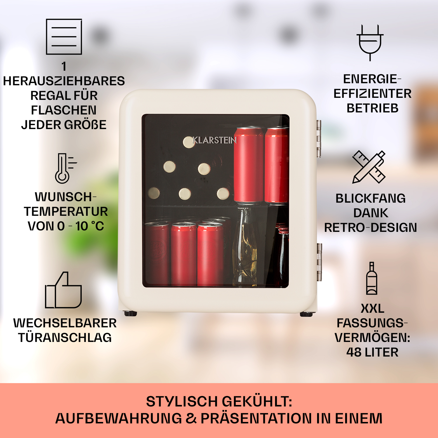 Kleiner cremefarbener Kühlschrank mit roten Dosen und Flaschen, umgeben von Symbolen.