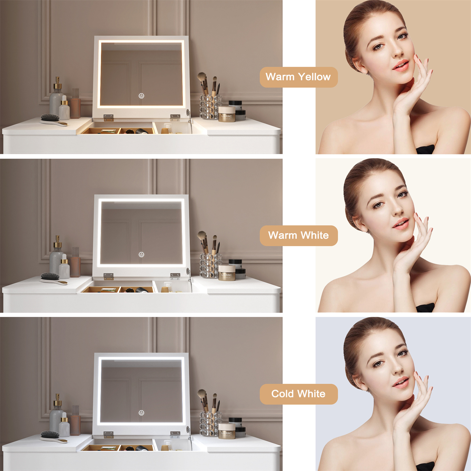 Drei Bilder. Ein Schminktisch mit Spiegel und Make-up. Rechts zeigen drei Gesichter warmgelbes, weißes und kaltweißes Licht.