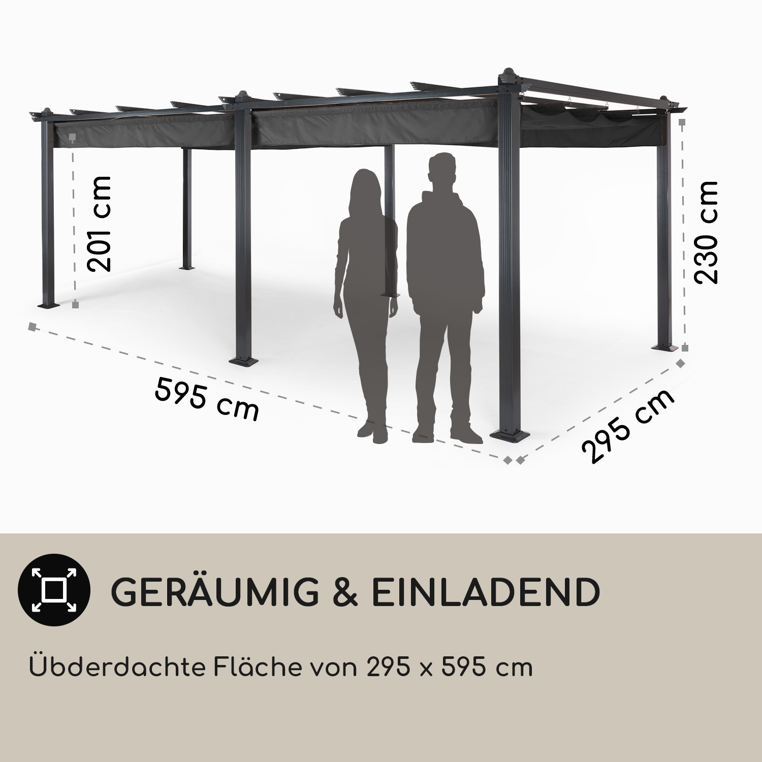 Eine große graue Pergola mit Abmessungen und zwei menschlichen Silhouetten. Der Text lautet 'geräumig & einladend'.