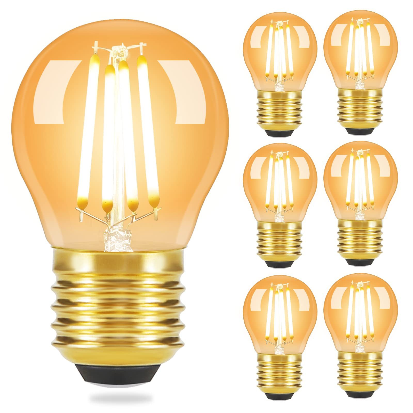 Set di sei lampadine LED arancioni con basi dorate.