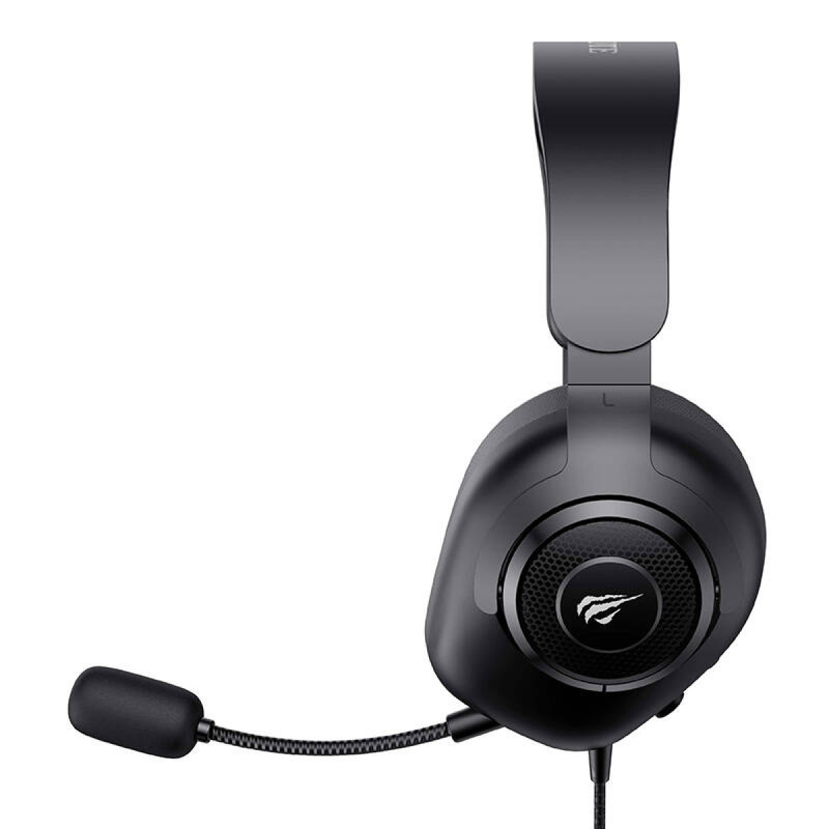Schwarzes Gaming-Headset mit Mikrofon. Havit-Logo auf der Ohrmuschel, schwarzes Kabel.