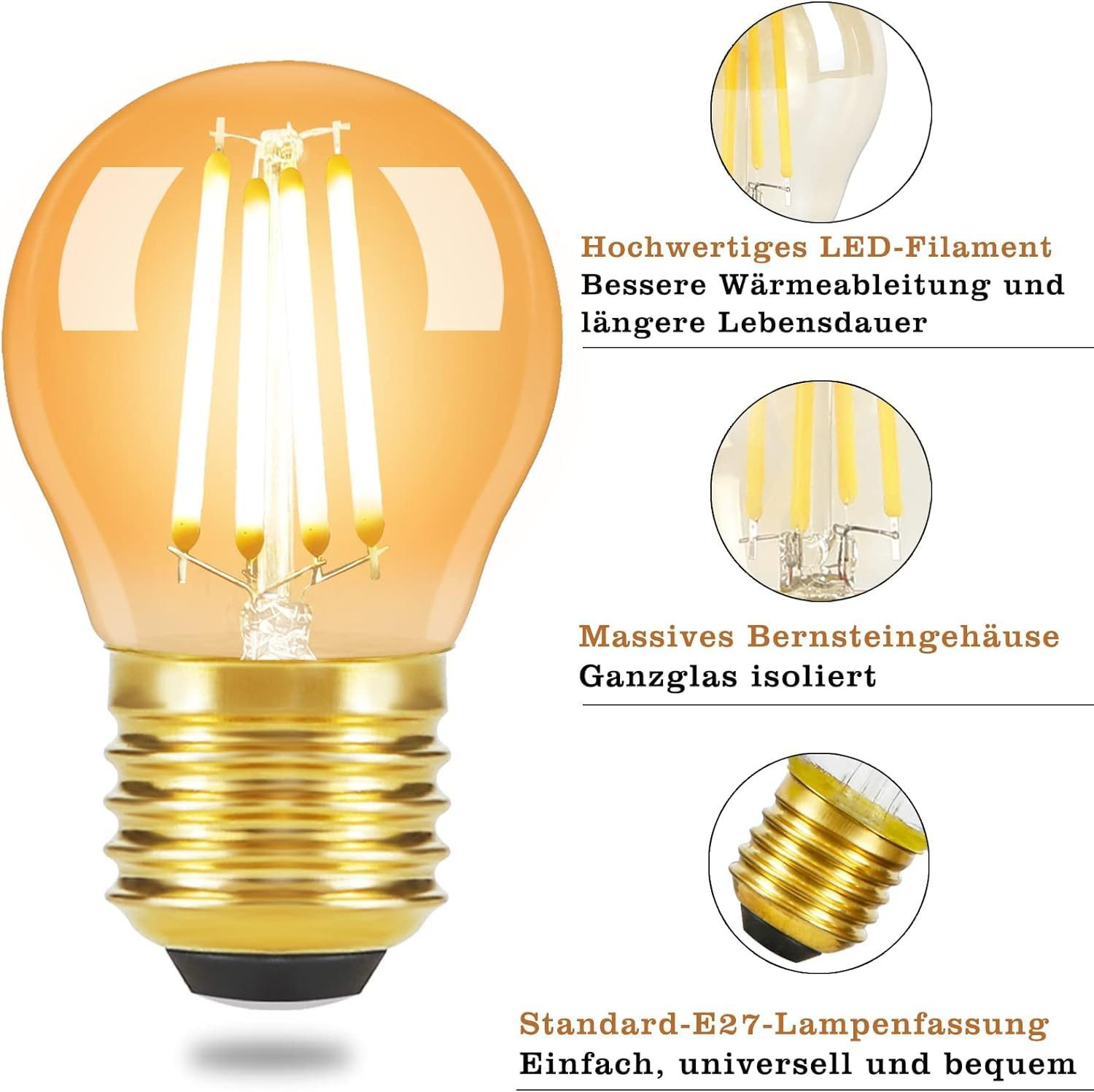 Una lampadina colorata di arancione con viste dettagliate del filamento e della base. Il testo descrive le caratteristiche e il tipo di base.