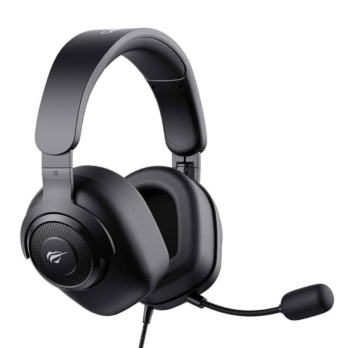 Schwarzes Gaming-Headset mit Mikrofon. Der Markenname ist sichtbar.