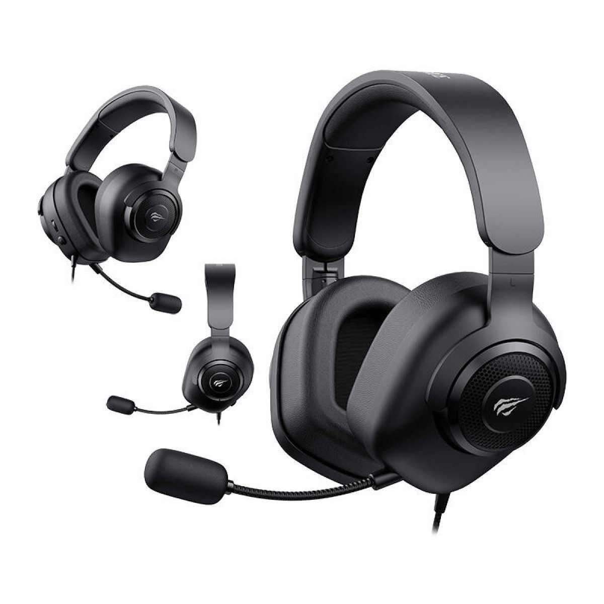 Drei schwarze Gaming-Headsets mit Mikrofonen, verschiedene Winkel, auf weißem Hintergrund.