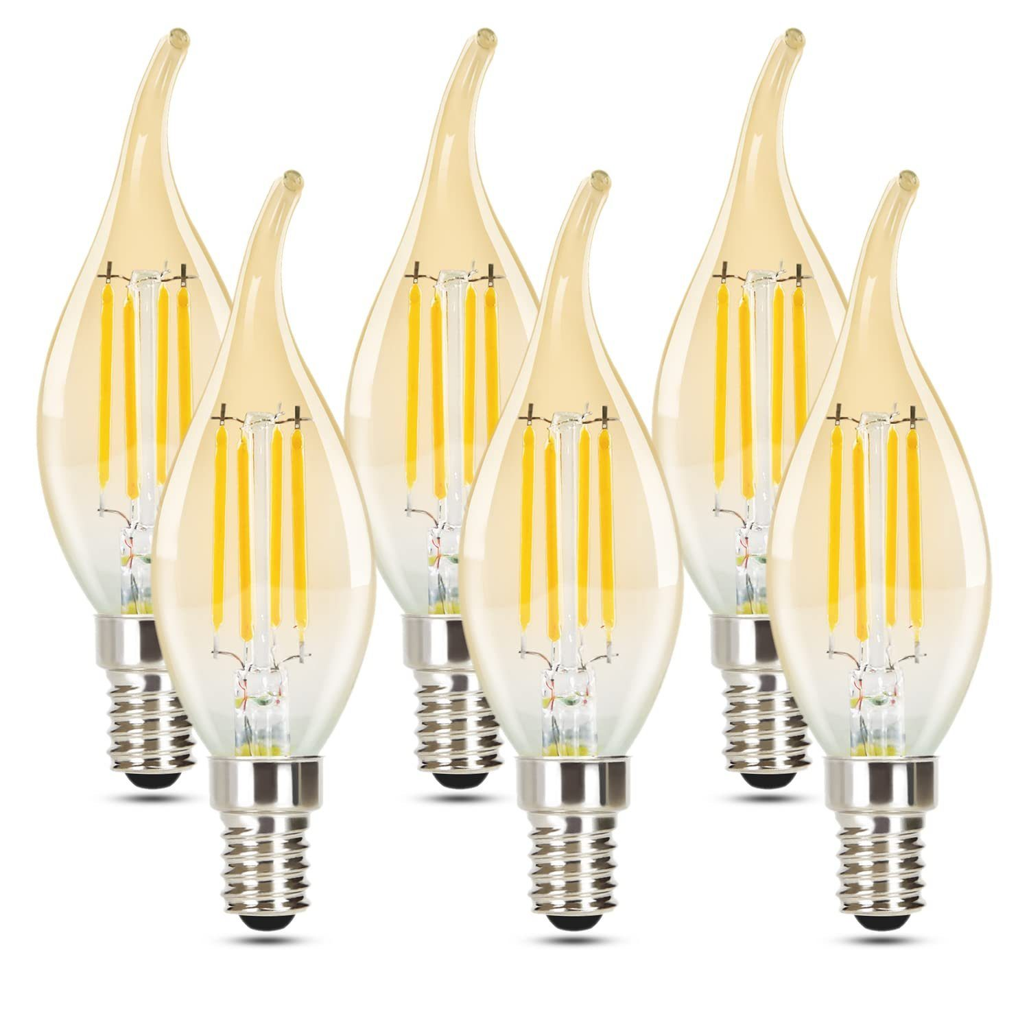 Sei lampadine a LED a forma di candela con un bagliore giallo-arancio, ciascuna con una base argentata, su bianco.