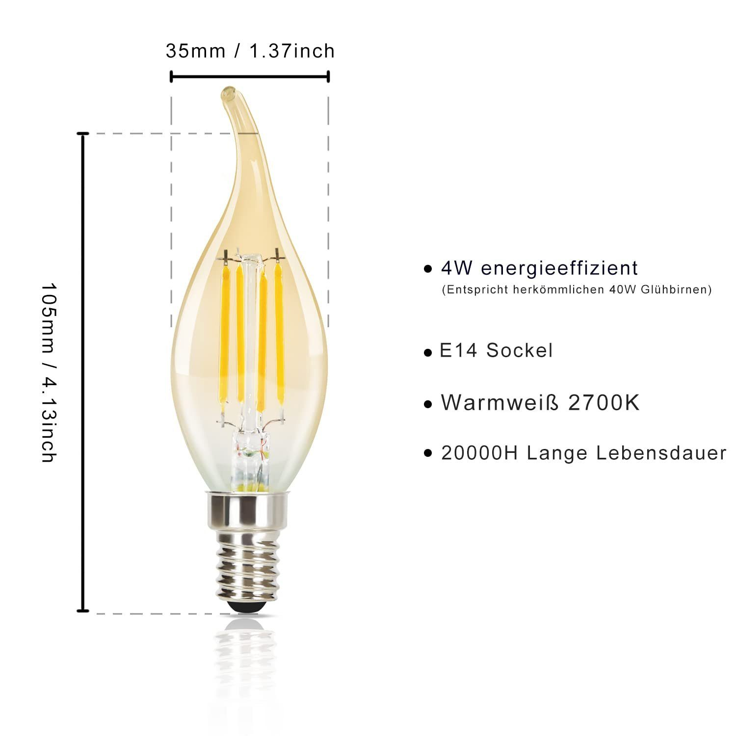 Una lampadina con misure. È gialla con vetro trasparente e base a vite. Viene visualizzato il testo sull'efficienza energetica.