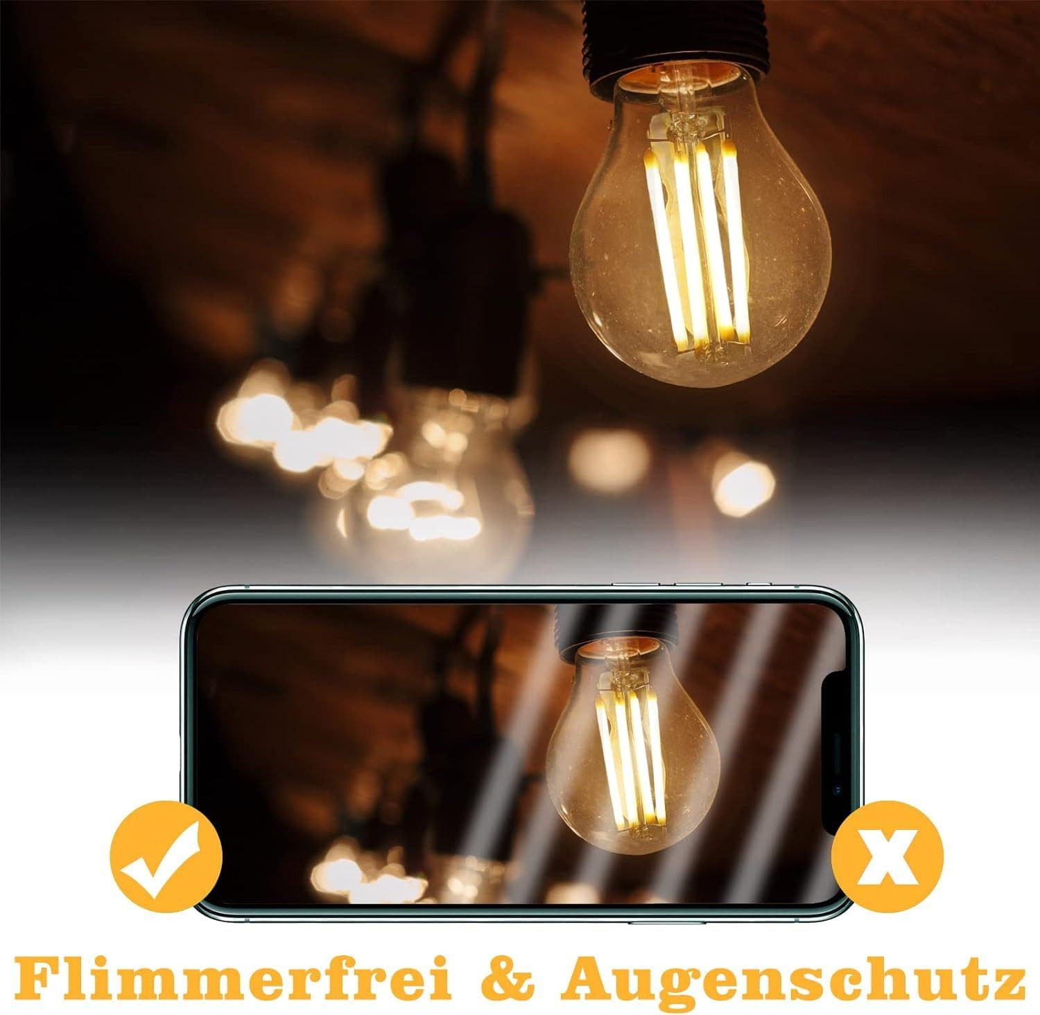 Uno smartphone mostra una lampadina accesa. Altre lampadine sullo sfondo. Testo: Senza sfarfallio e protezione degli occhi.