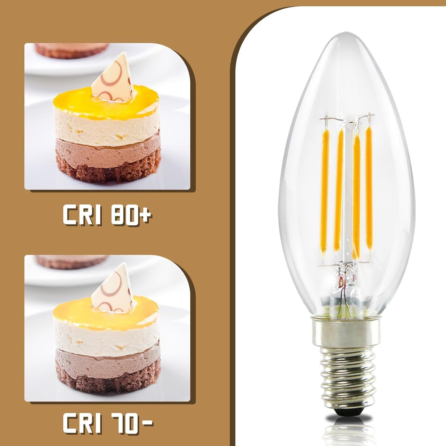Due immagini di dessert a strati, una con una lampadina e testo che mostra CRI 80+ e CRI 70-.