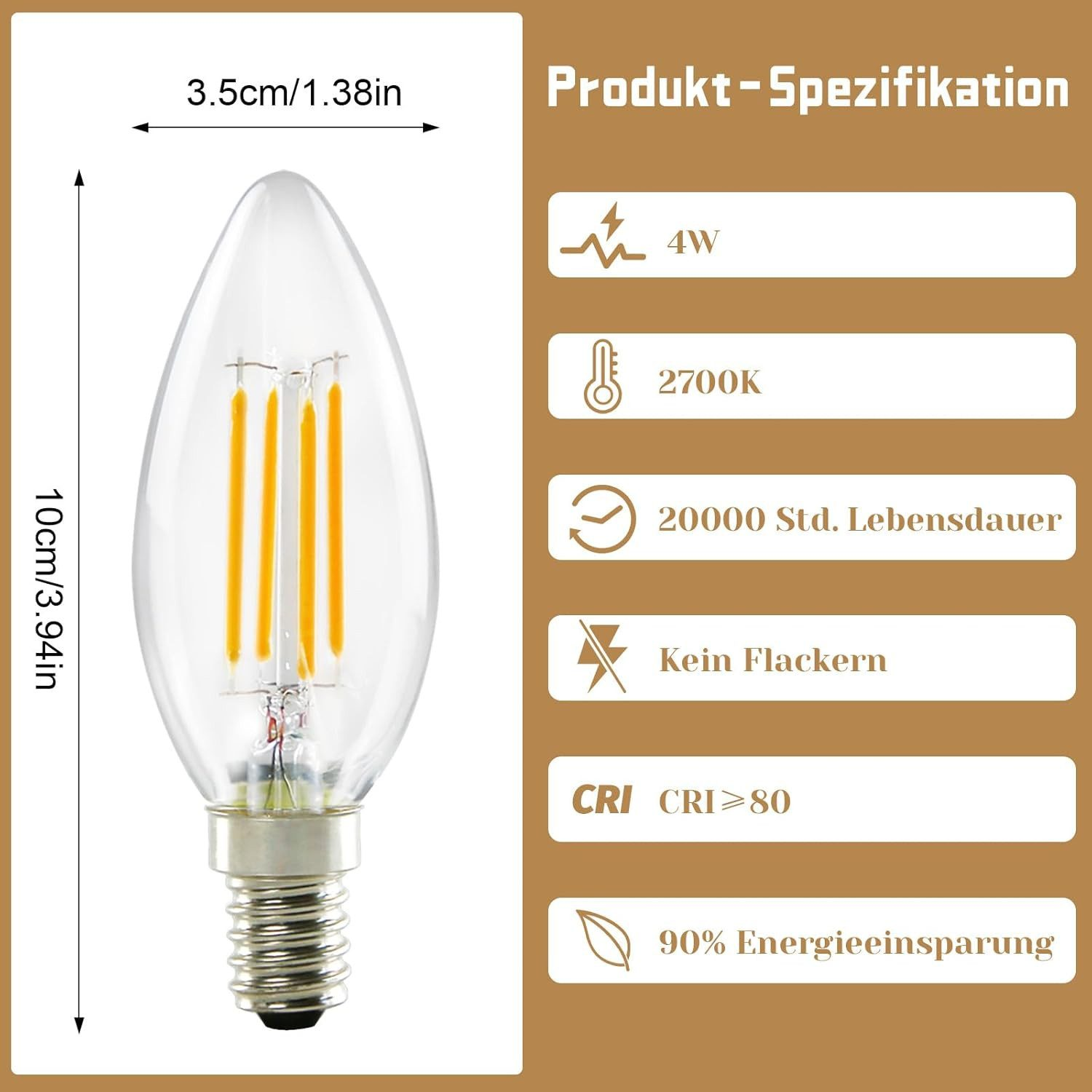 Lampadina LED trasparente. Dimensioni: 3,5 cm x 10 cm. Le specifiche del prodotto sono visualizzate a destra.