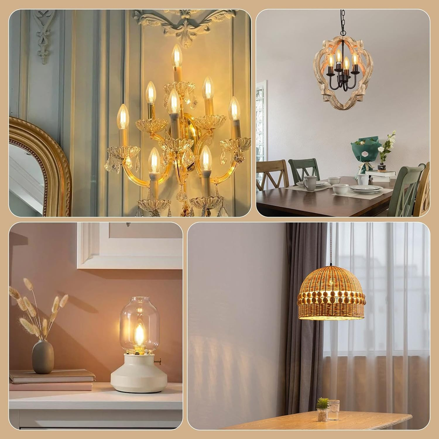 Quattro immagini di vari lampadari e lampade, che mostrano diversi design e ambientazioni.