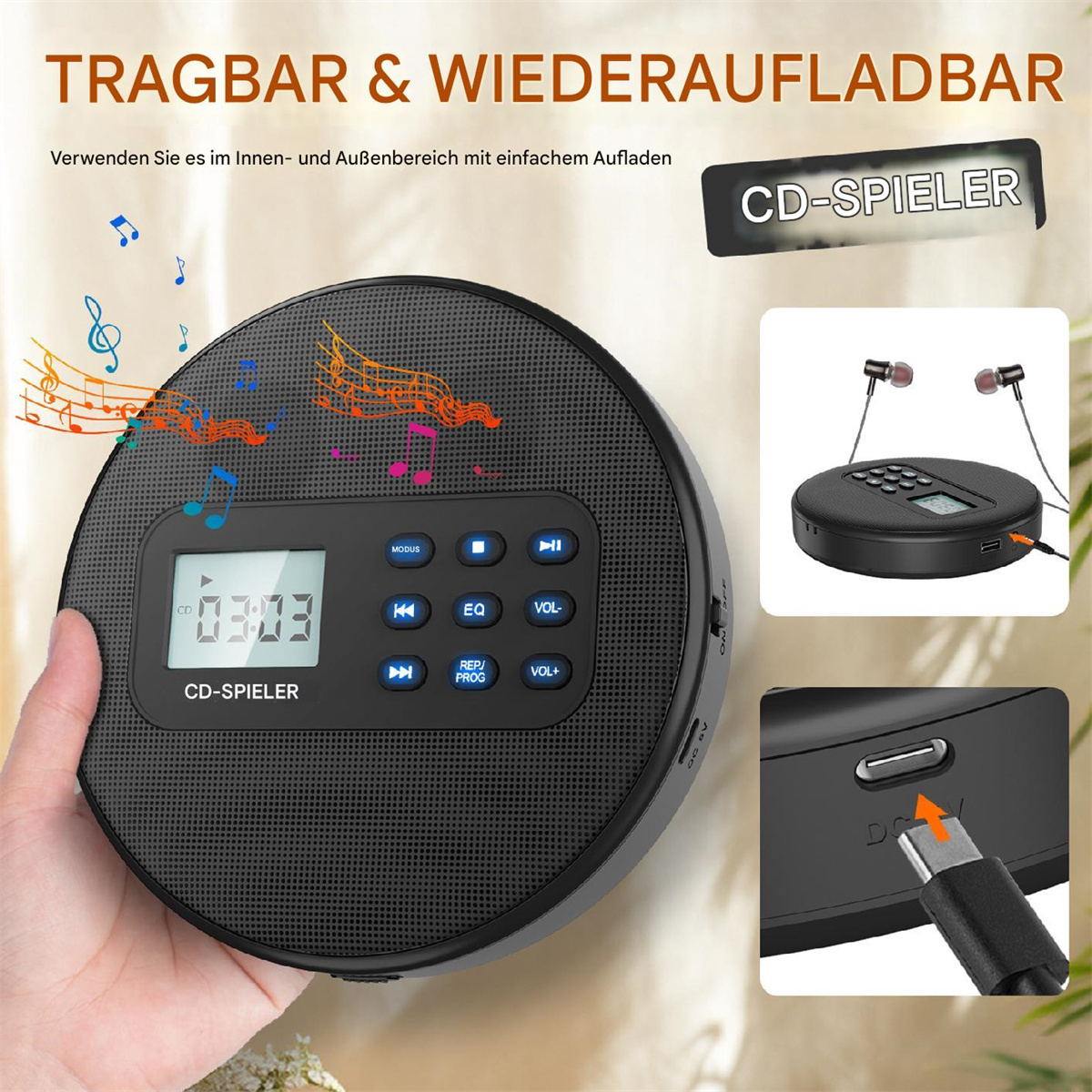 Ein schwarzer CD-Player mit Knöpfen und einem kleinen Bildschirm, mit Kopfhörern und Ladegerät.