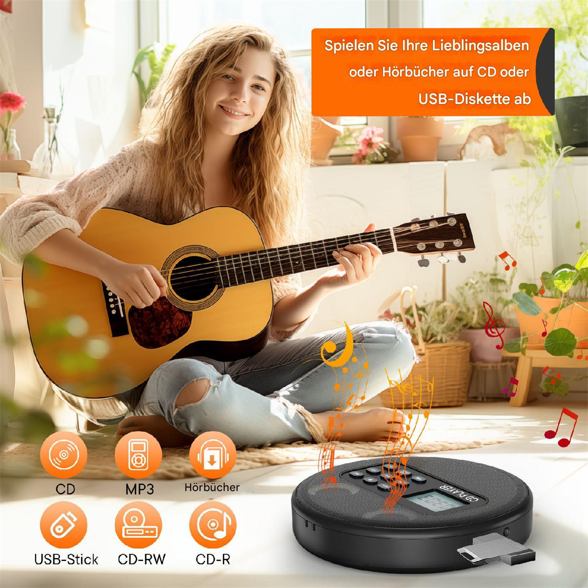 Frau, die Gitarre spielt, mit einem CD-Player, der verschiedene Medientypen zeigt.