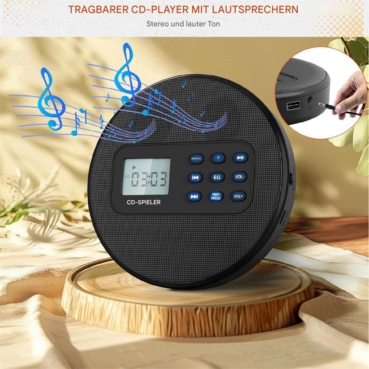 Ein tragbarer CD-Player mit Noten und einem Display, das Zeit und Steuerelemente anzeigt.
