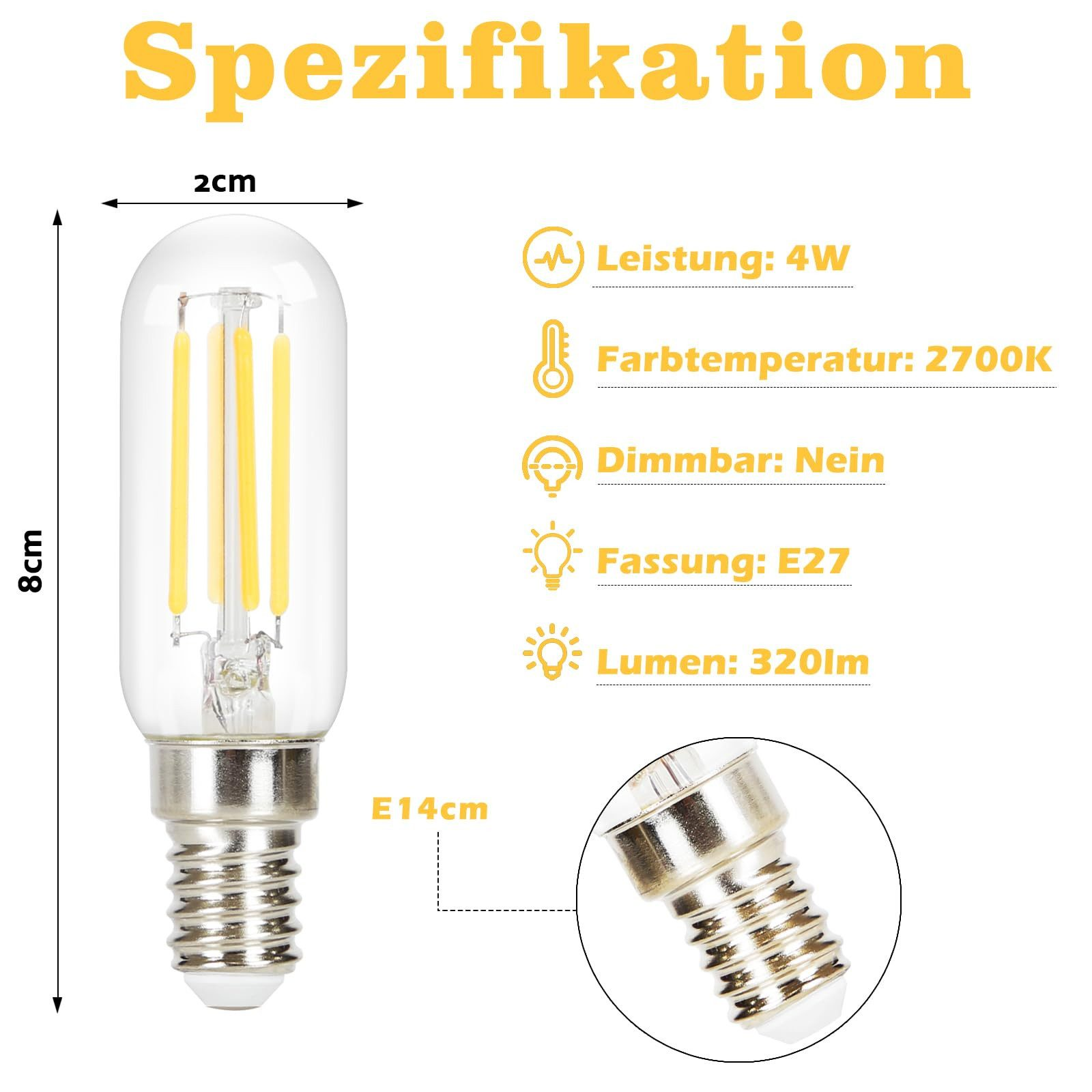 Przezroczysta żarówka z żółtymi włóknami, szczegółowe specyfikacje.