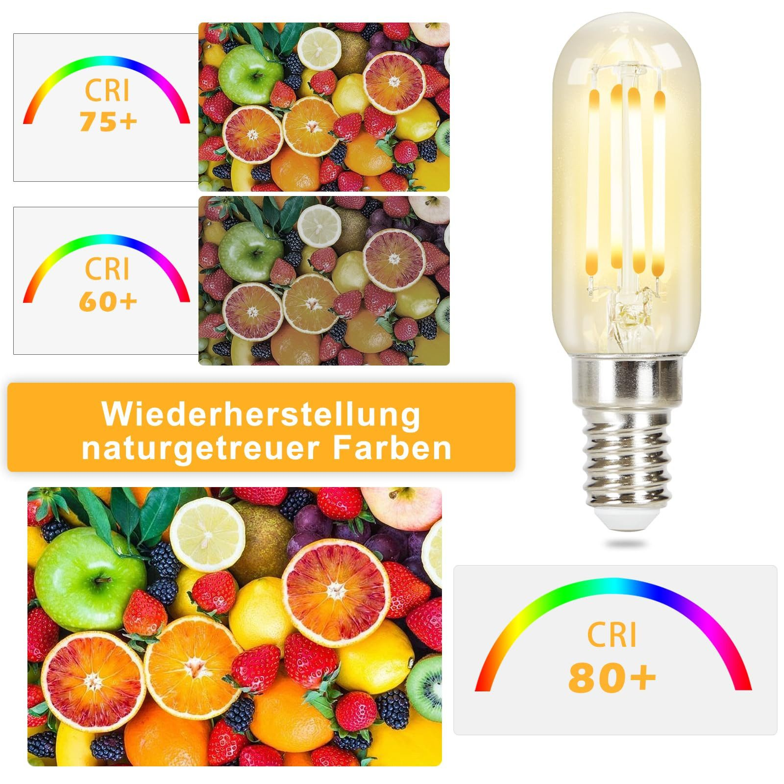 Owoce i żarówka. Porównanie wskaźnika oddawania barw 75+ i 60+.