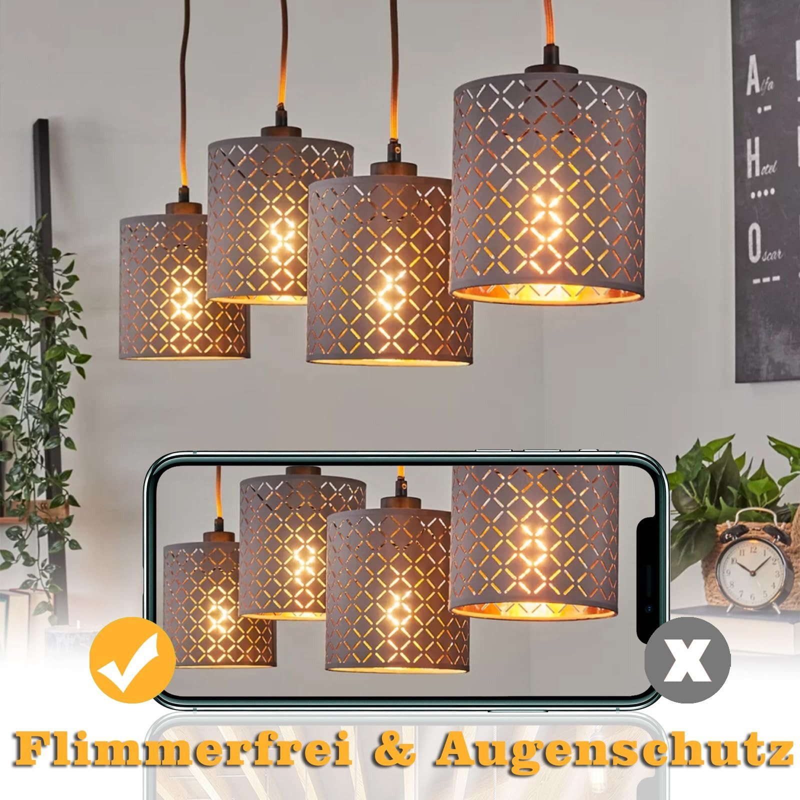 Pięć lamp wiszących z geometrycznym wzorem, z ekranem telefonu pokazującym lampy.