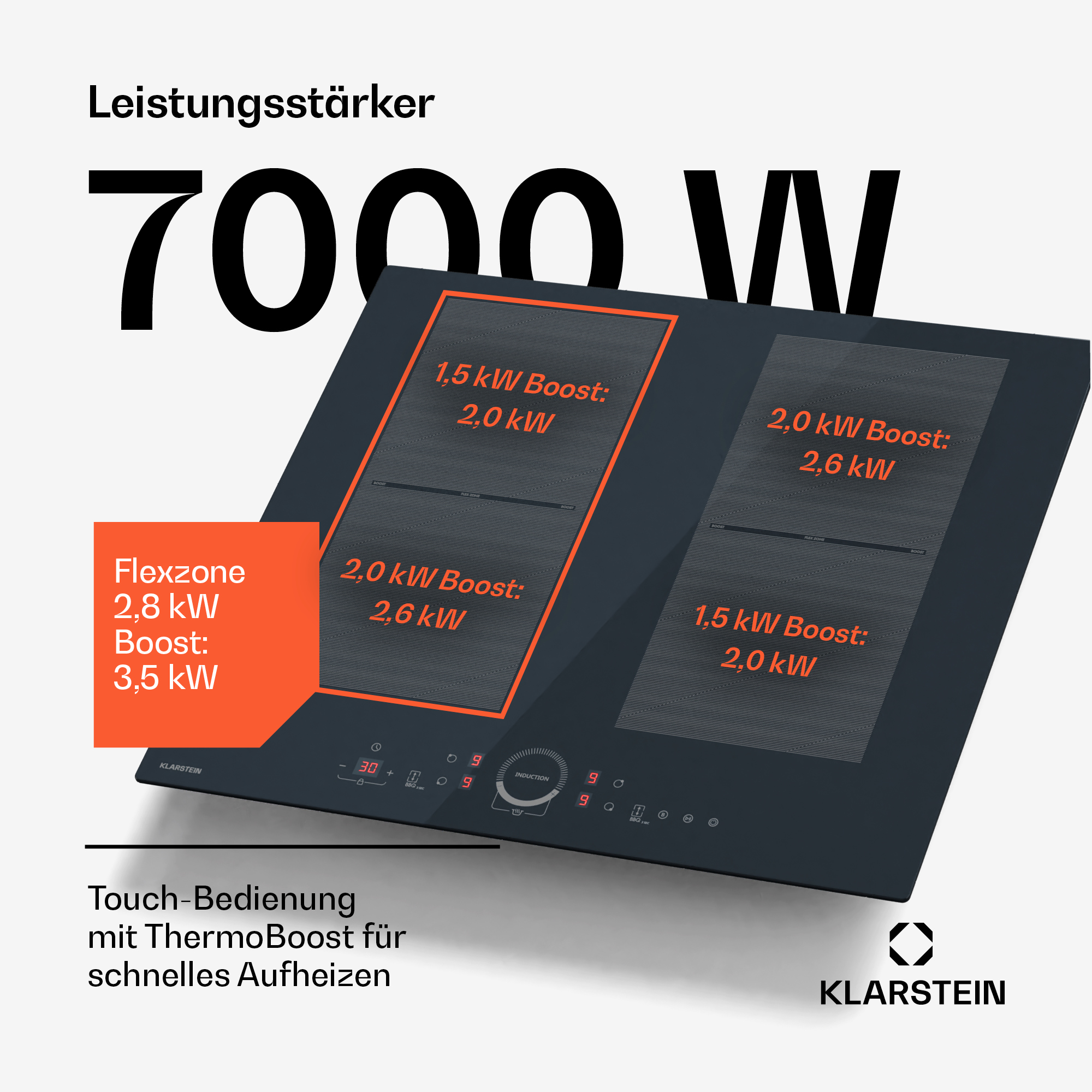 Schwarzes Induktionskochfeld mit orangefarbenen Zonen. Text zeigt Leistung und Funktionen. Schwarzer Text auf weißem Grund.