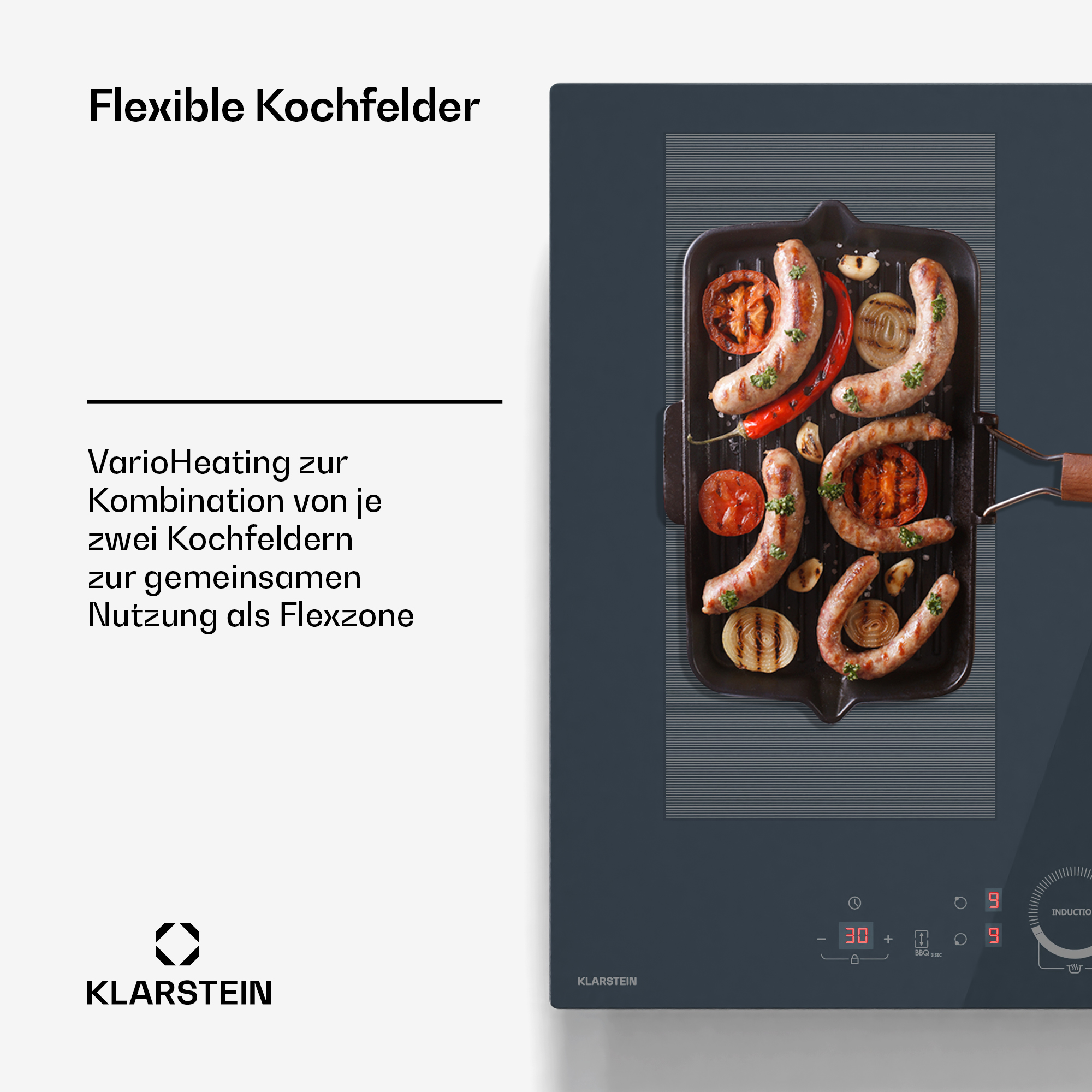 Ein schwarzes, eingebautes Induktionskochfeld mit darauf kochenden Speisen. Text: Flexible Kochfelder und VarioHeating.