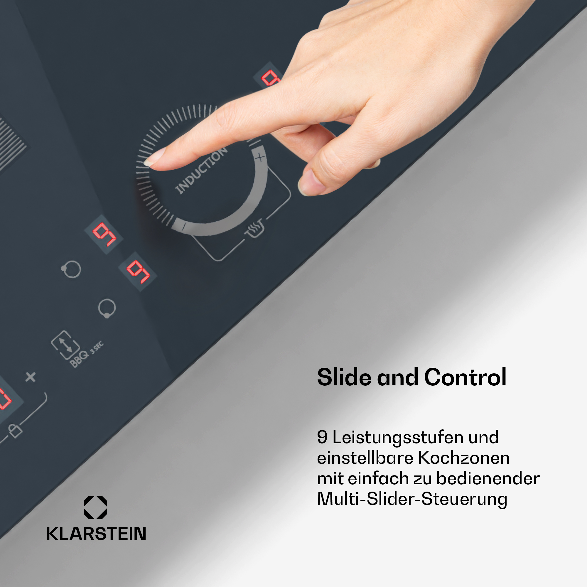 Nahaufnahme eines Induktionskochfelds mit einem Finger, der mit dem Bedienfeld interagiert und digitale Anzeigen zeigt.