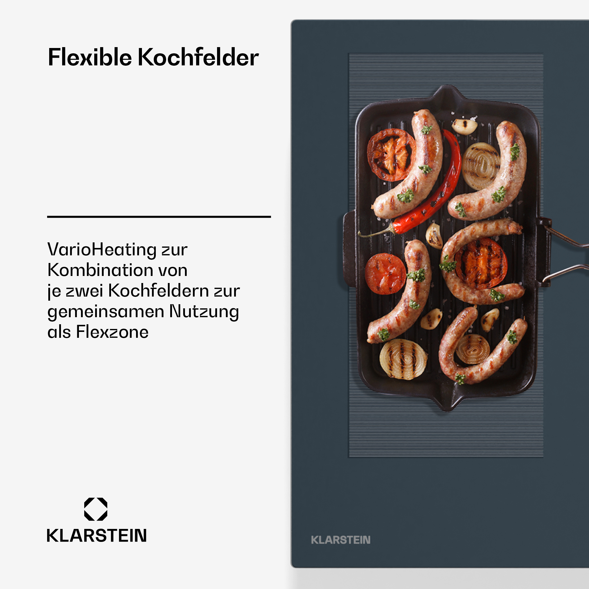 Ein schwarzer Grill mit Würstchen, Tomaten und Zwiebeln auf einem schwarzen Kochfeld. Text auf der linken Seite.