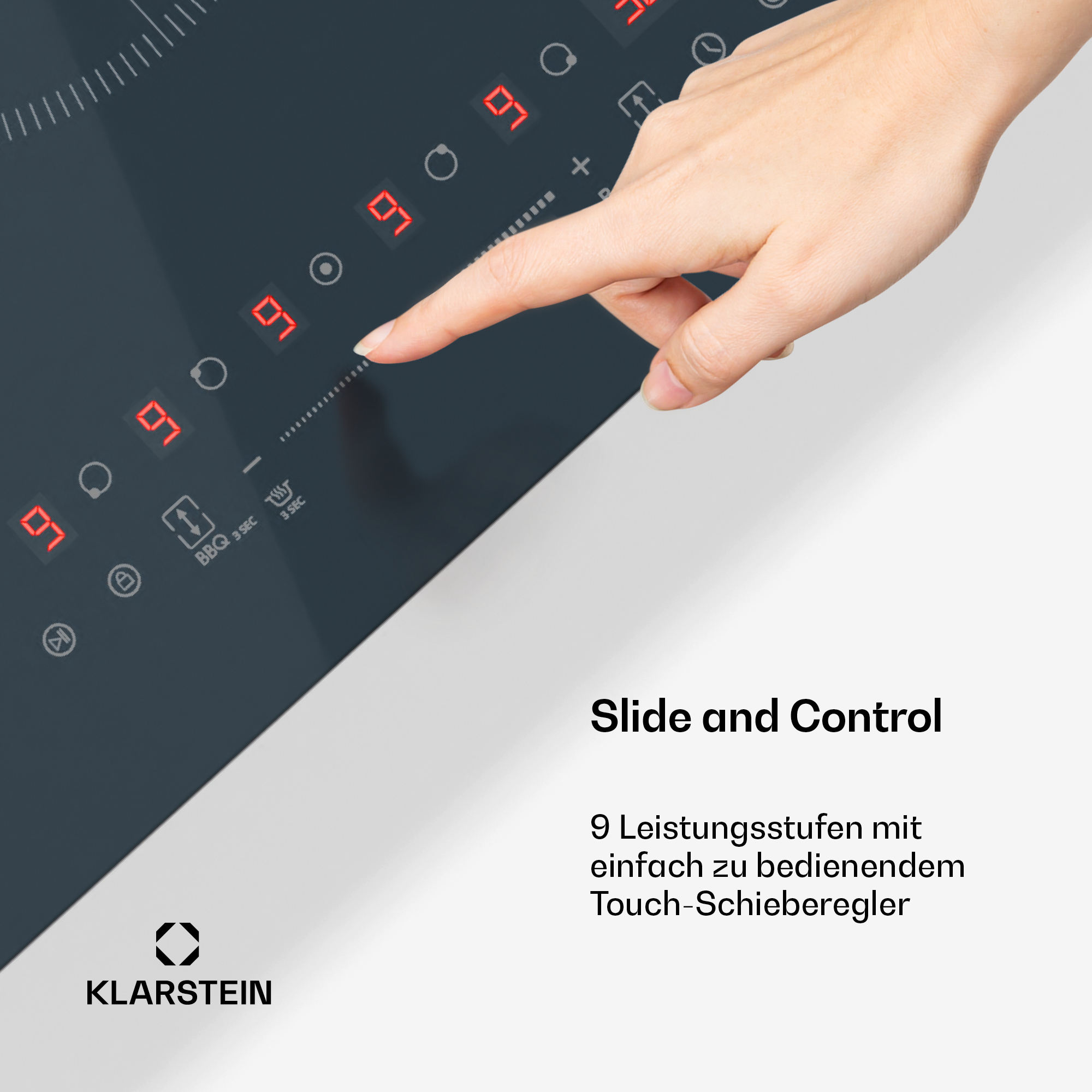 Ein Induktionskochfeld mit einem Finger, der den Touch-Schieberegler berührt. Das Kochfeld hat digitale Anzeigen mit roten Zahlen.