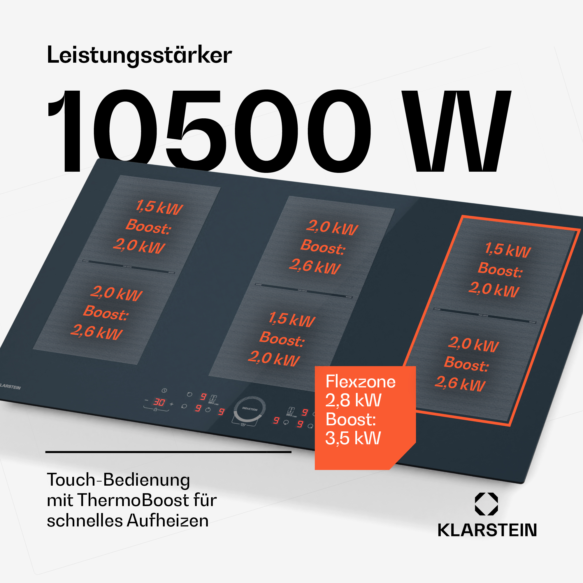 Ein Induktionskochfeld mit Touch-Bedienelementen und hoher Leistung (10500 W). Es hat drei Kochzonen.