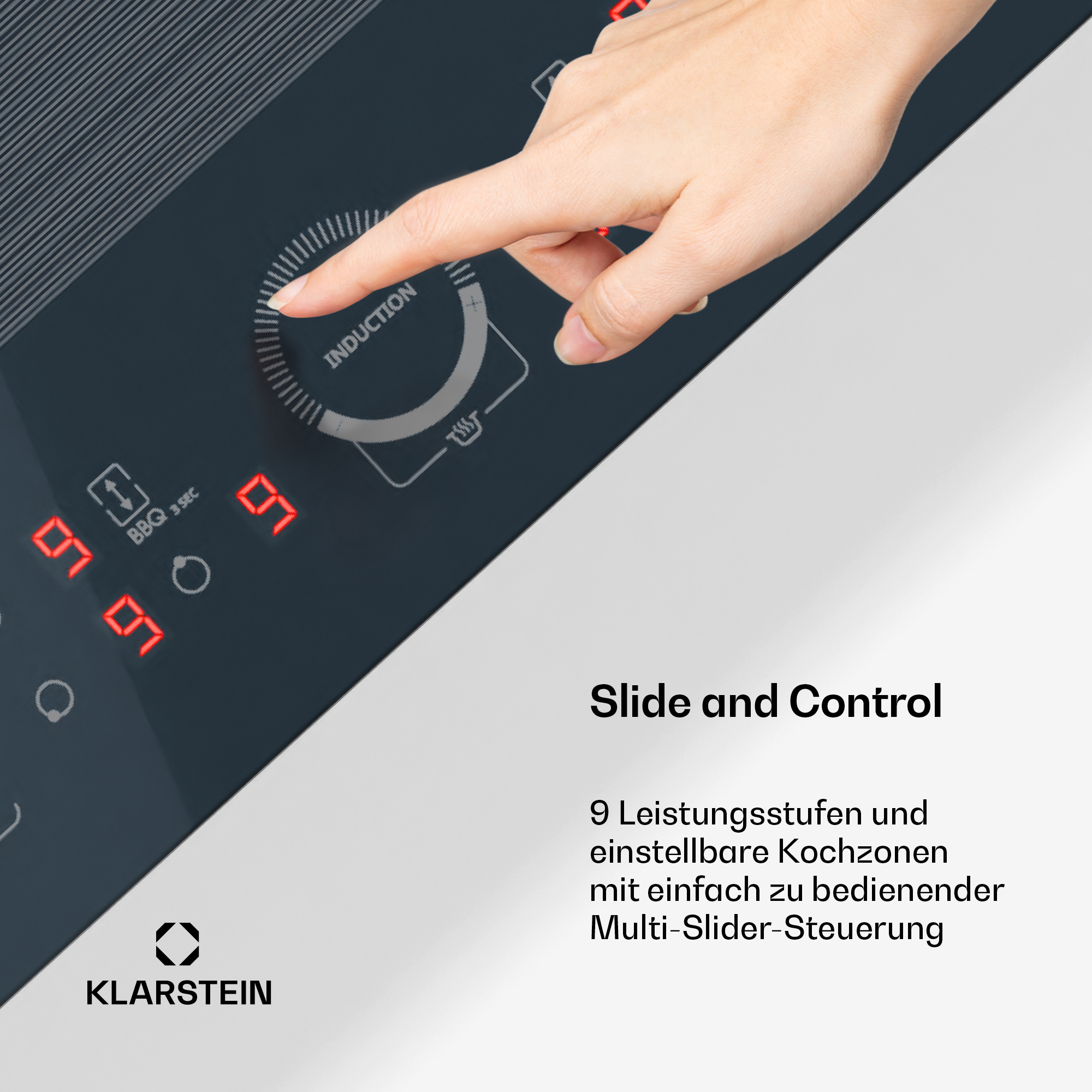 Eine Hand berührt ein Induktionskochfeld. Das Kochfeld zeigt eine digitale Oberfläche. Das Klarstein-Logo ist sichtbar.