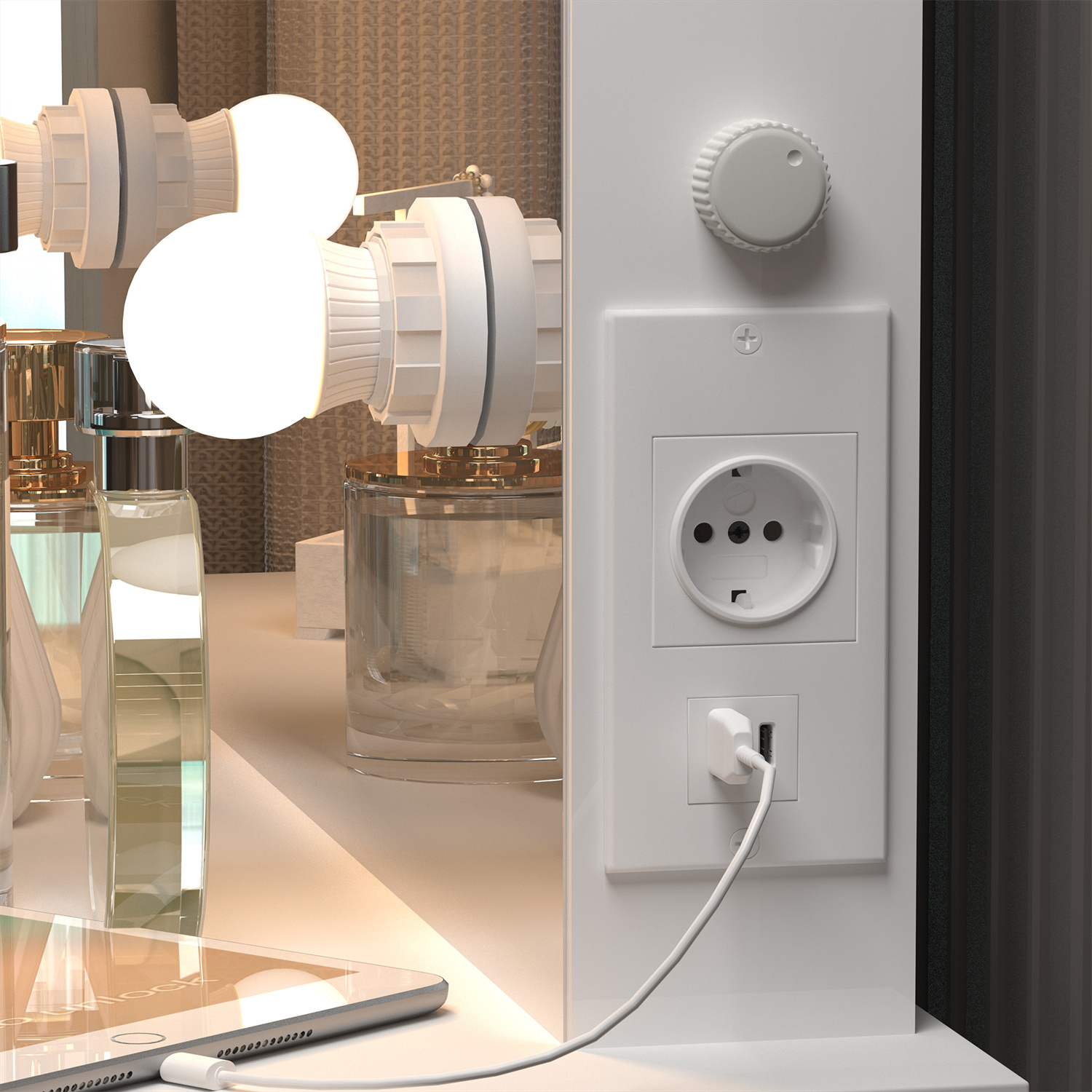 Eine weiße Wand mit Steckdose, USB-Anschluss und beleuchtetem Schminkspiegel.