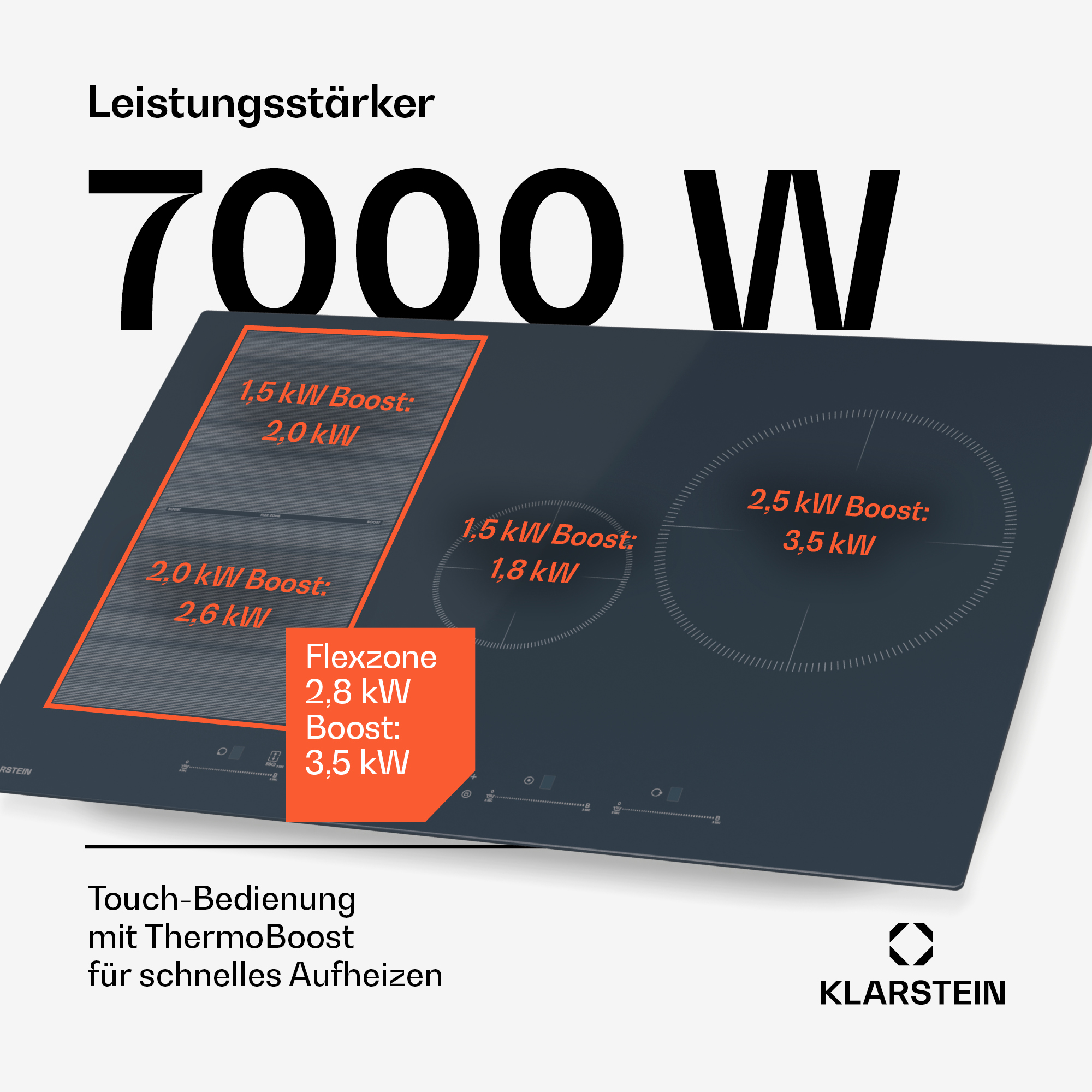 Ein schwarzes Induktionskochfeld mit 7000W Leistung, das Kochzonen und Leistungsstufen zeigt.