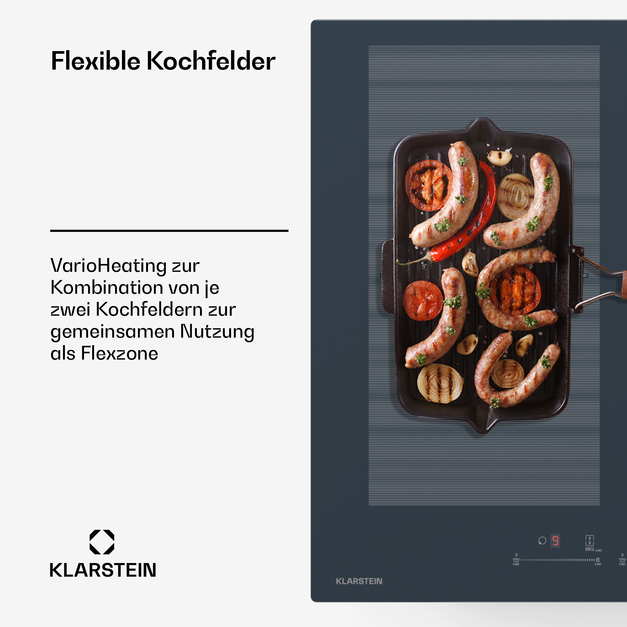 Schwarzes Induktionskochfeld mit gegrilltem Essen und Text.