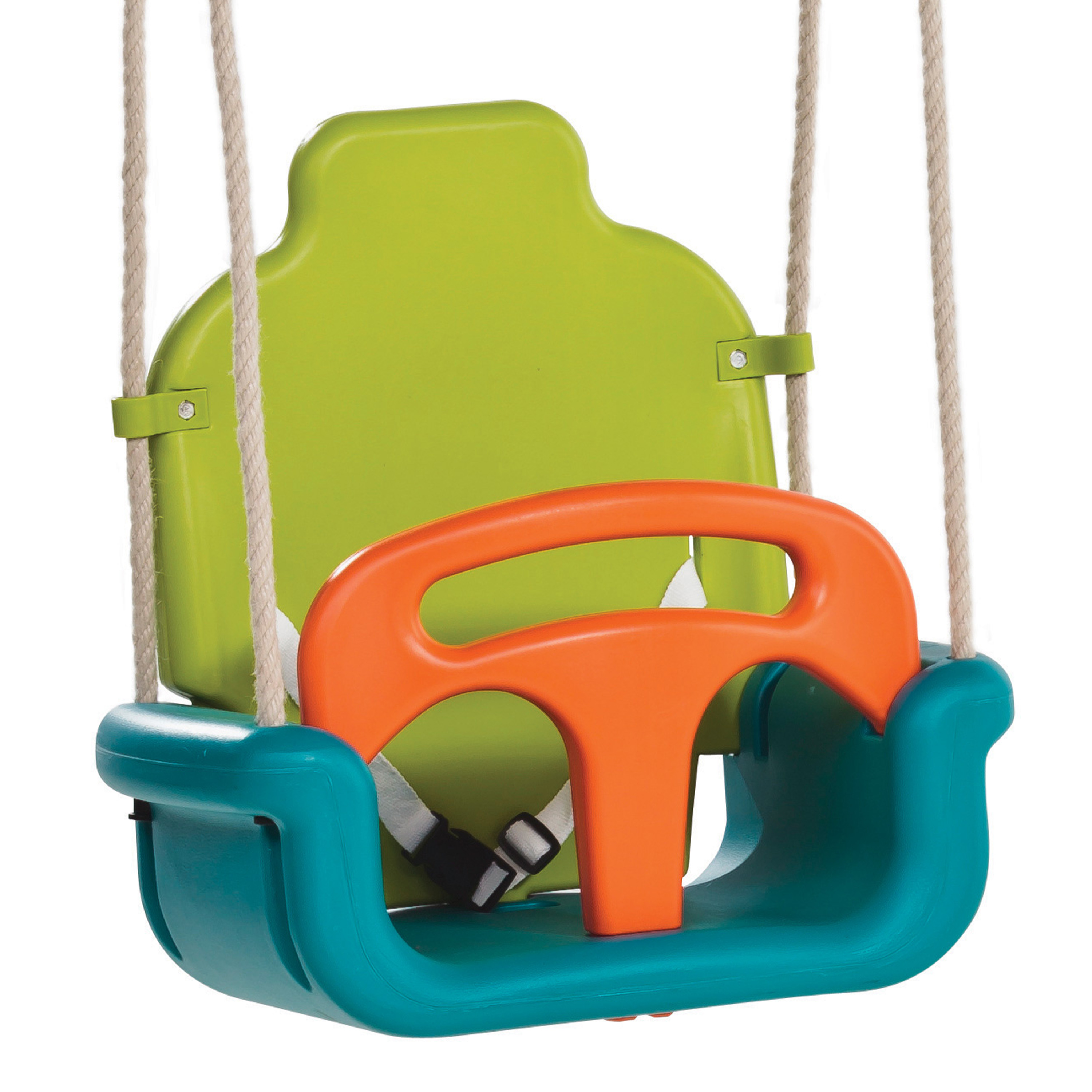 Ein farbenfrohes Schaukelset für ein Baby, mit einem grünen Sitz, einem orangefarbenen Griff und einer blauen Basis.