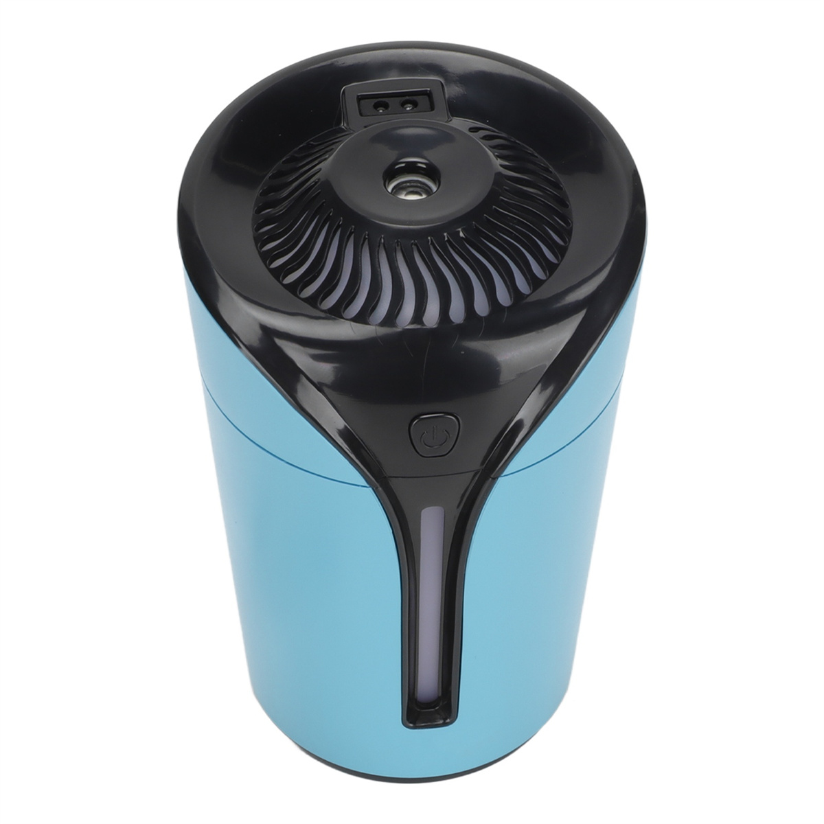 Ein blau-schwarzer Luftbefeuchter. Es hat einen Bedienknopf und eine Wasserstandsanzeige. Die Oberseite ist schwarz.