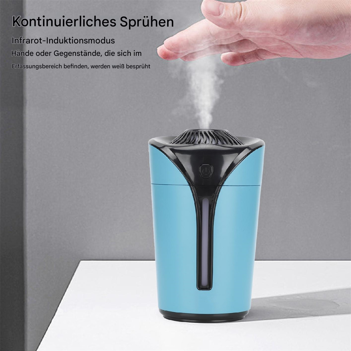 Blauer Luftbefeuchter, der Nebel sprüht. Eine Hand ist darüber. Der Text lautet Dauerspray.