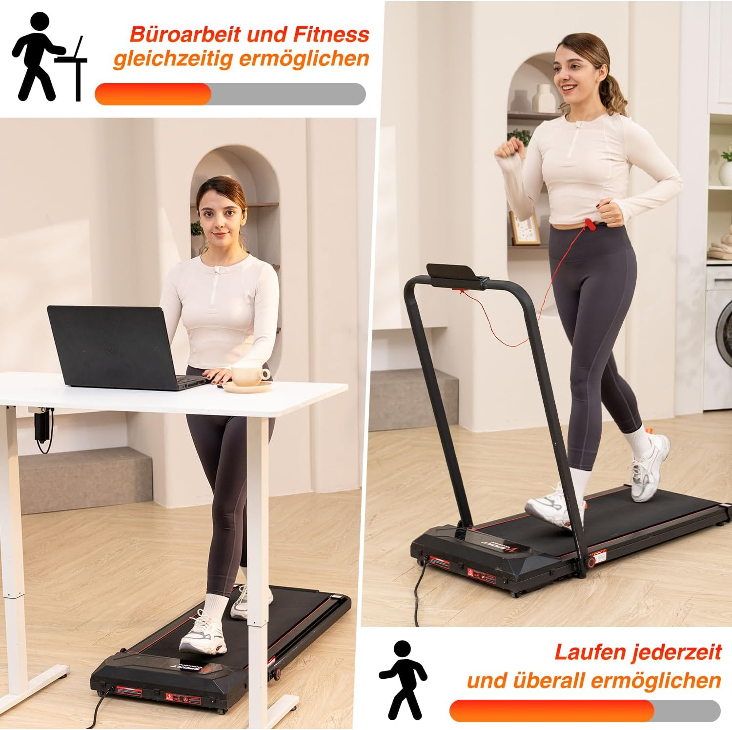 Frau benutzt Laufband-Schreibtisch beim Arbeiten, andere Frau benutzt Laufband zum Trainieren.