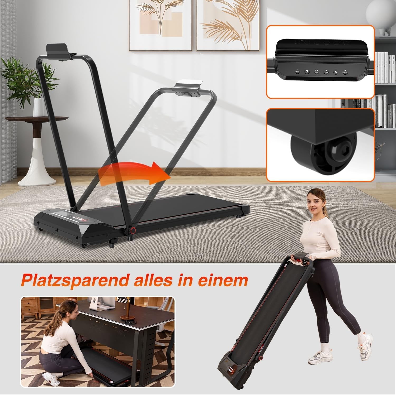 Laufband wird gefaltet und getragen. Frau in schwarzer Hose. Hintergrund zeigt Büro.
