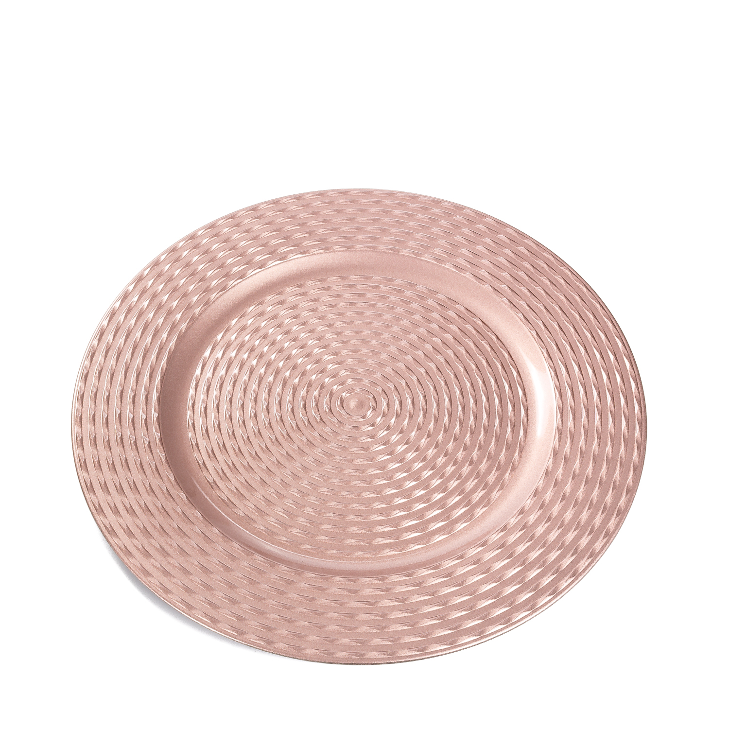 Ein roségoldener Aufladeteller mit strukturiertem, konzentrischem Kreismuster auf weißem Hintergrund.