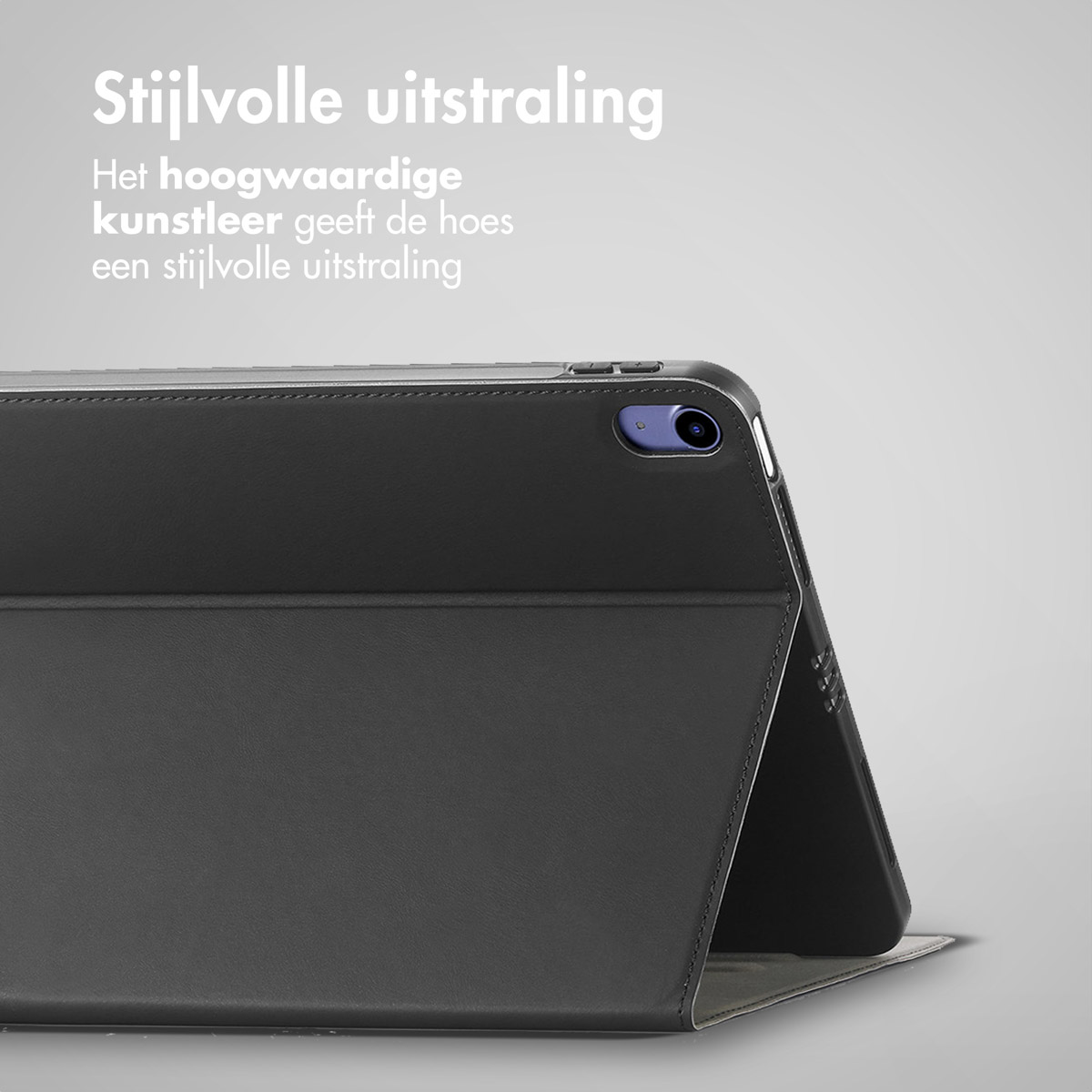 A black tablet case is open. Gray background. The text says: Stylish look, high-quality leather.