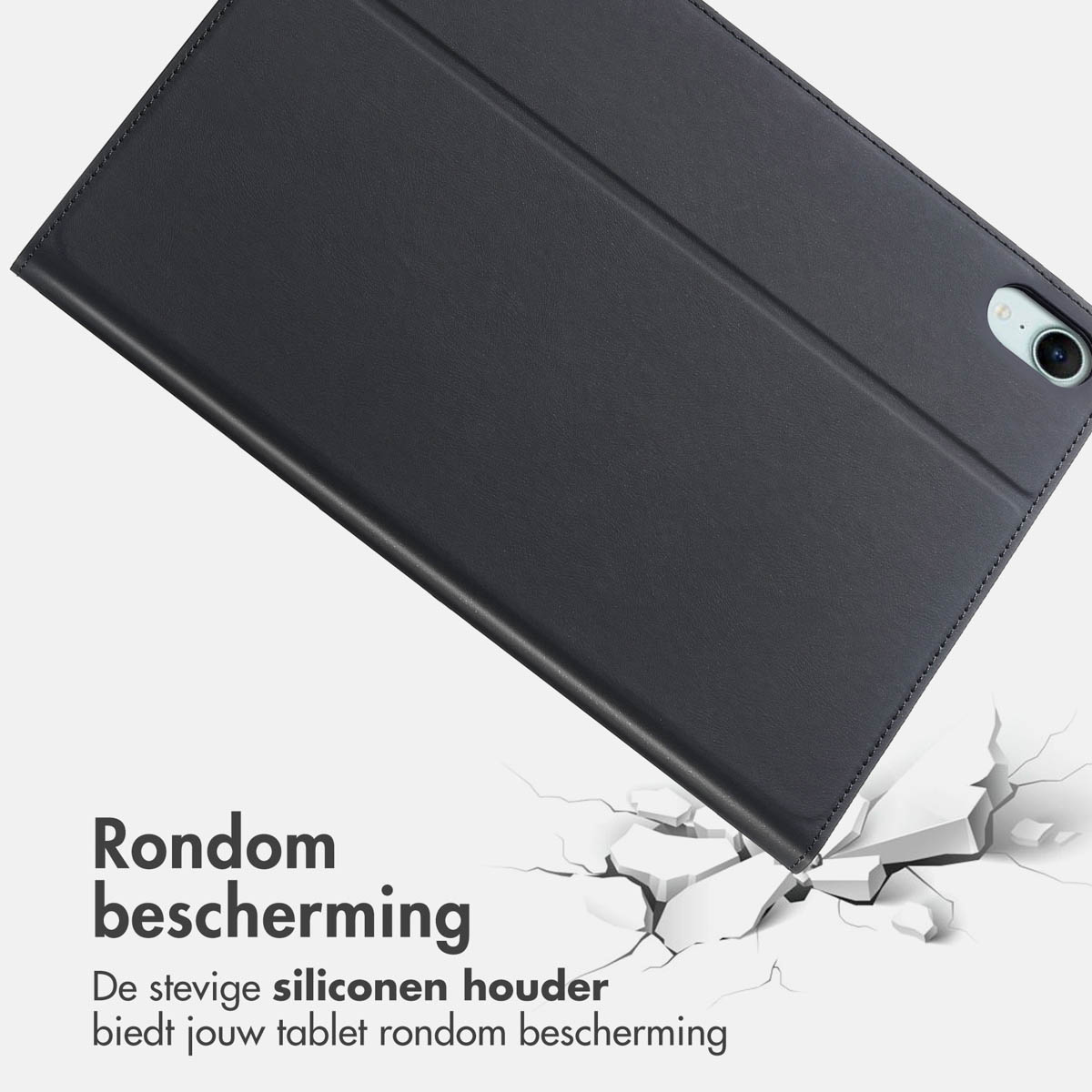 Black tablet case falling, cracks appearing. Text: Full protection. Secure silicone holder.