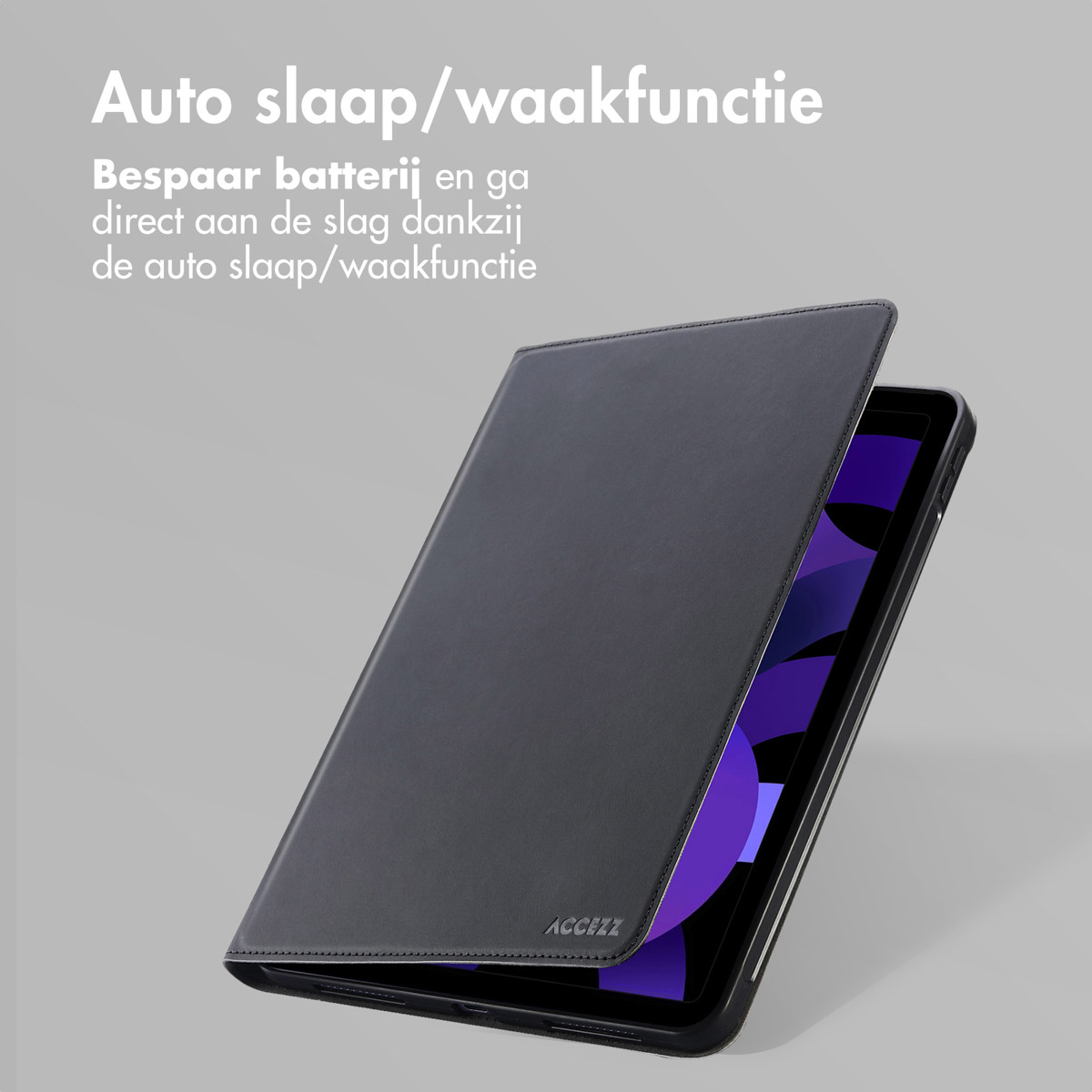 Black tablet case is open, revealing a purple screen. The case is on a grey surface.