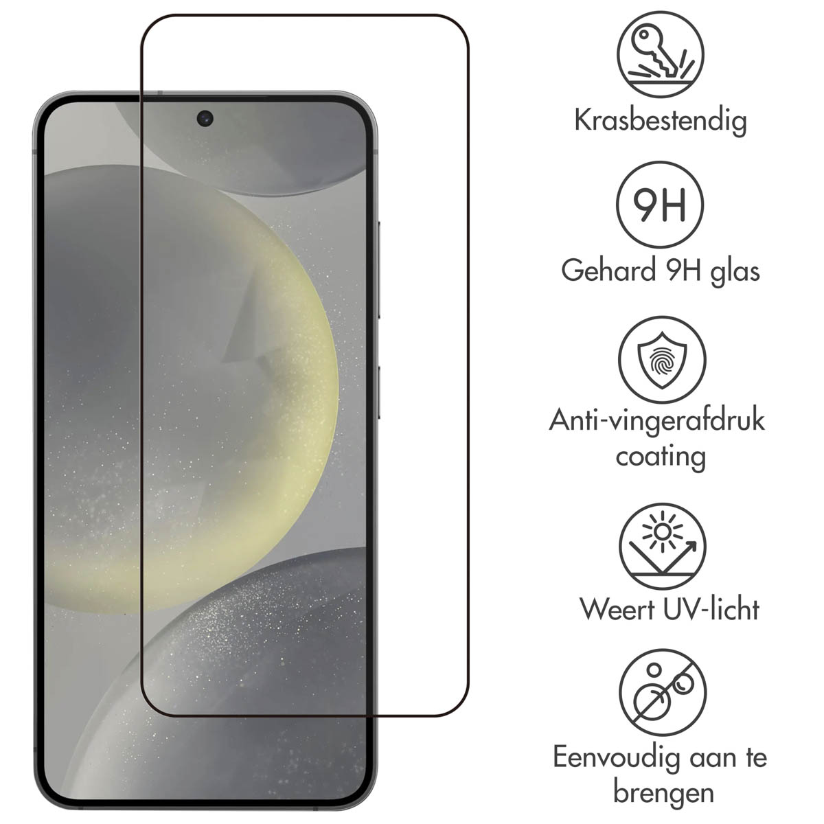 Smartphone avec protecteur d'écran appliqué. Icônes indiquent résistance aux rayures, protection UV, etc.