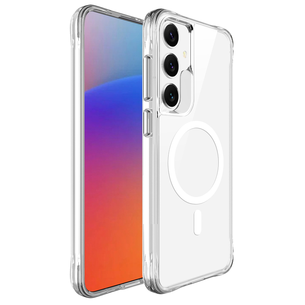 Coque de téléphone transparente autour d'un smartphone, montrant le design du téléphone. Fond blanc.