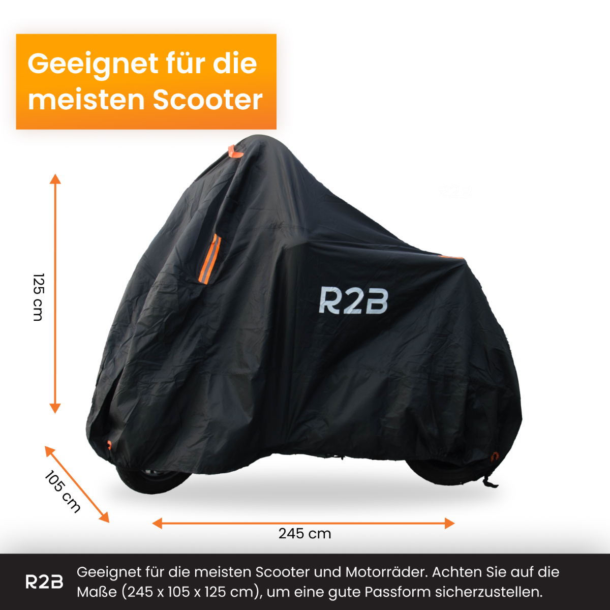 Zwarte scooterhoes met afmetingen, oranje accenten, tegen een witte achtergrond.