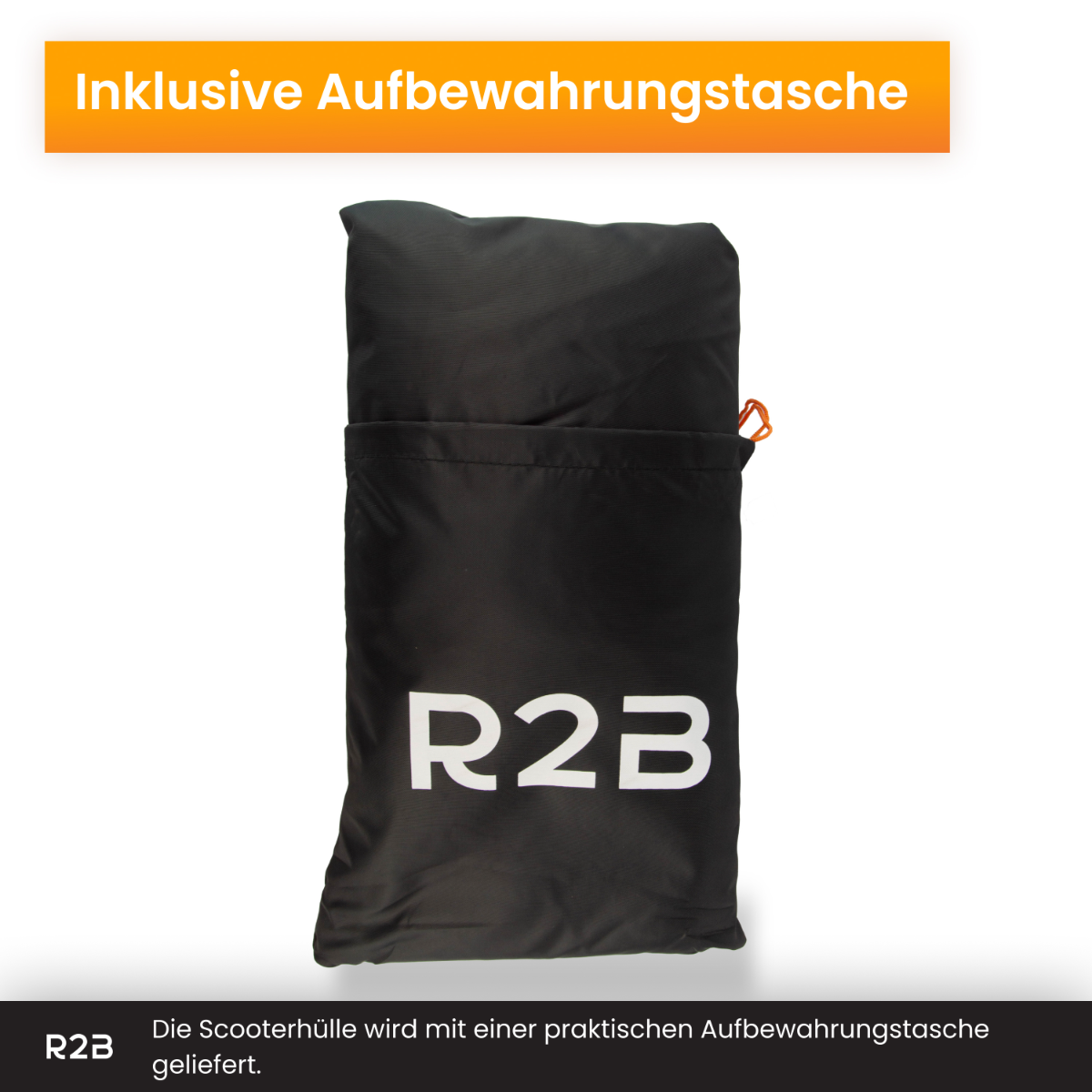 Zwarte scooterhoes met witte R2B tekst, oranje label. Tekst boven.