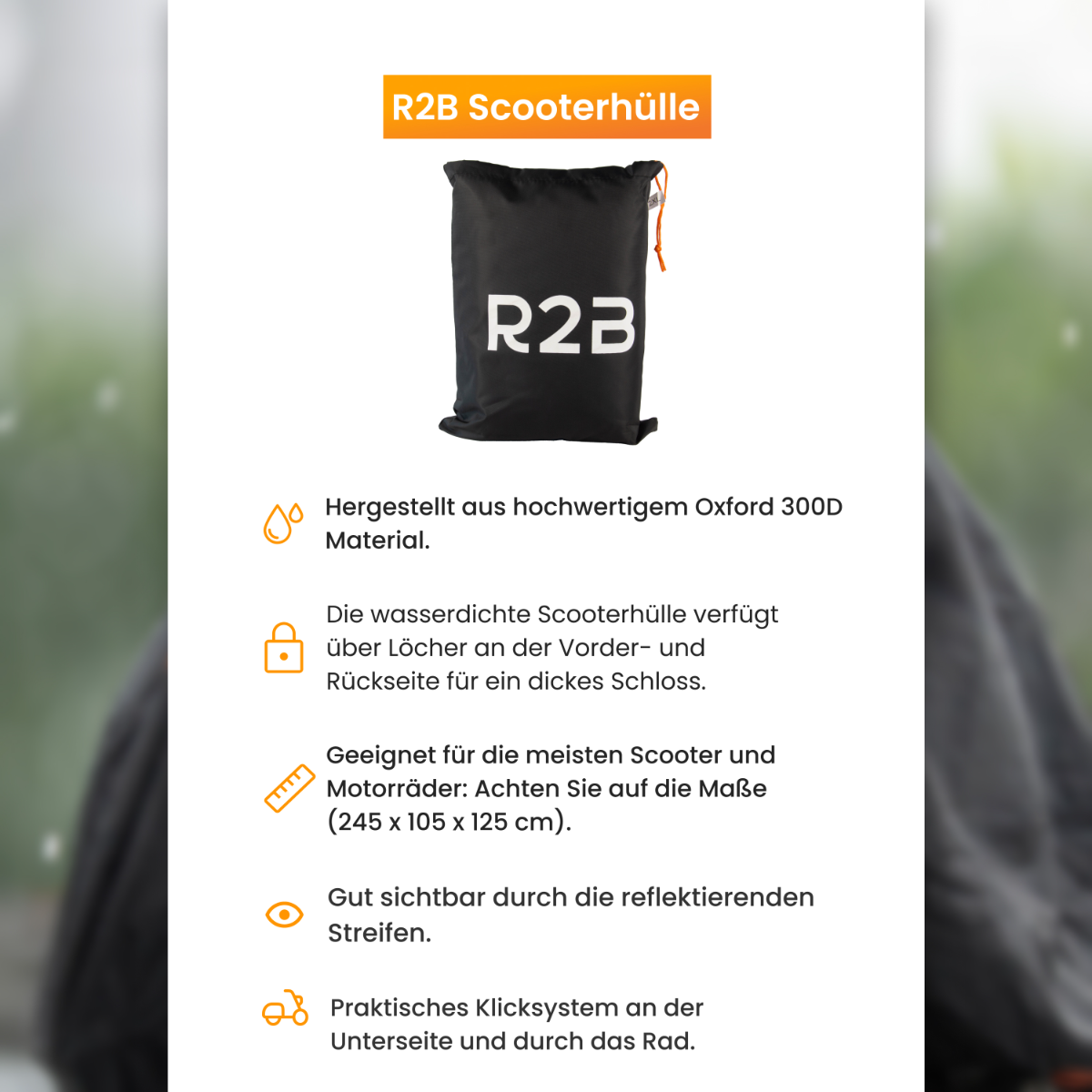 Een zwarte scooterhoes met trekkoord, productbeschrijving en details.