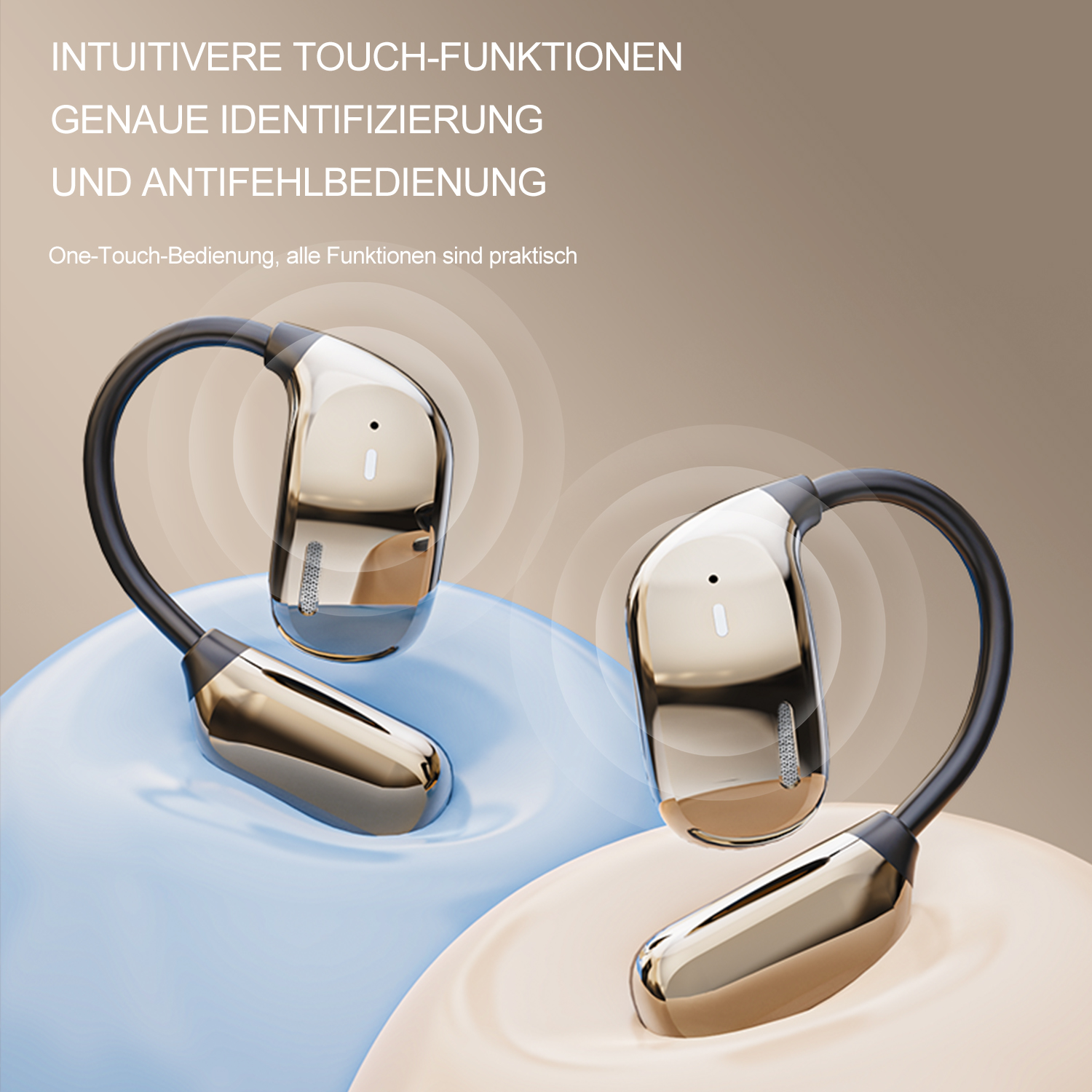 Zwei silberne und schwarze kabellose Ohrhörer mit Nackenband auf einem Gradienten-Hintergrund.